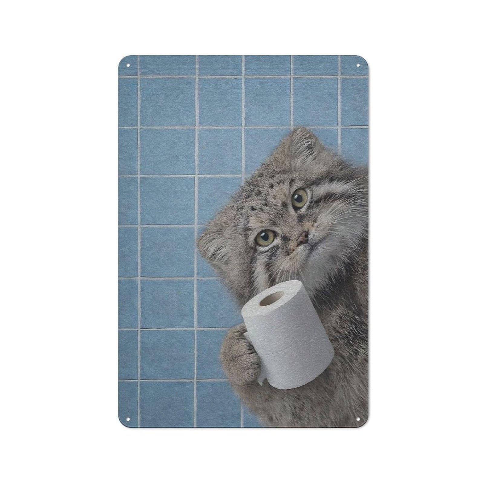 Junmoney Style-17 For Lounge Or Reading Corner, Pallass Cat With Toilet Paper Retro Tin Sign 30X20cm, Gift For Reading Corner Decorators During The Christmas Season