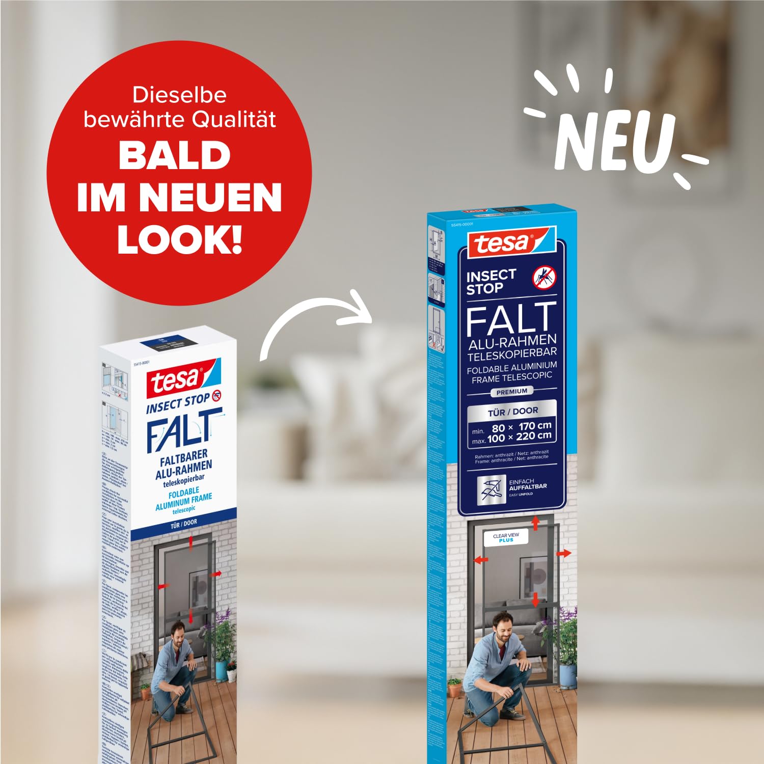 tesa INSECT STOP FALT Alu Rahmen teleskopierbar Premium für Türen – vormontierter Alu-Rahmen - Fliegengitter - mit verstellbarem Teleskoprahmen - 80 cm x 170 cm bis 100x cm x 220 cm - Anthrazit