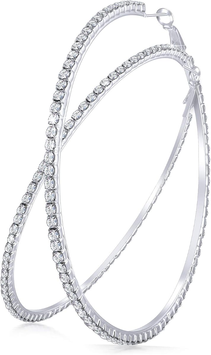 80mm Rhinestone Hoop Earrings Large Crystal Hoops for Women | Sparkling Rhinestone Design Ideal at Weddings and Parties, Statement Hoops for Girls, Elegant Formal Occasion Accessory