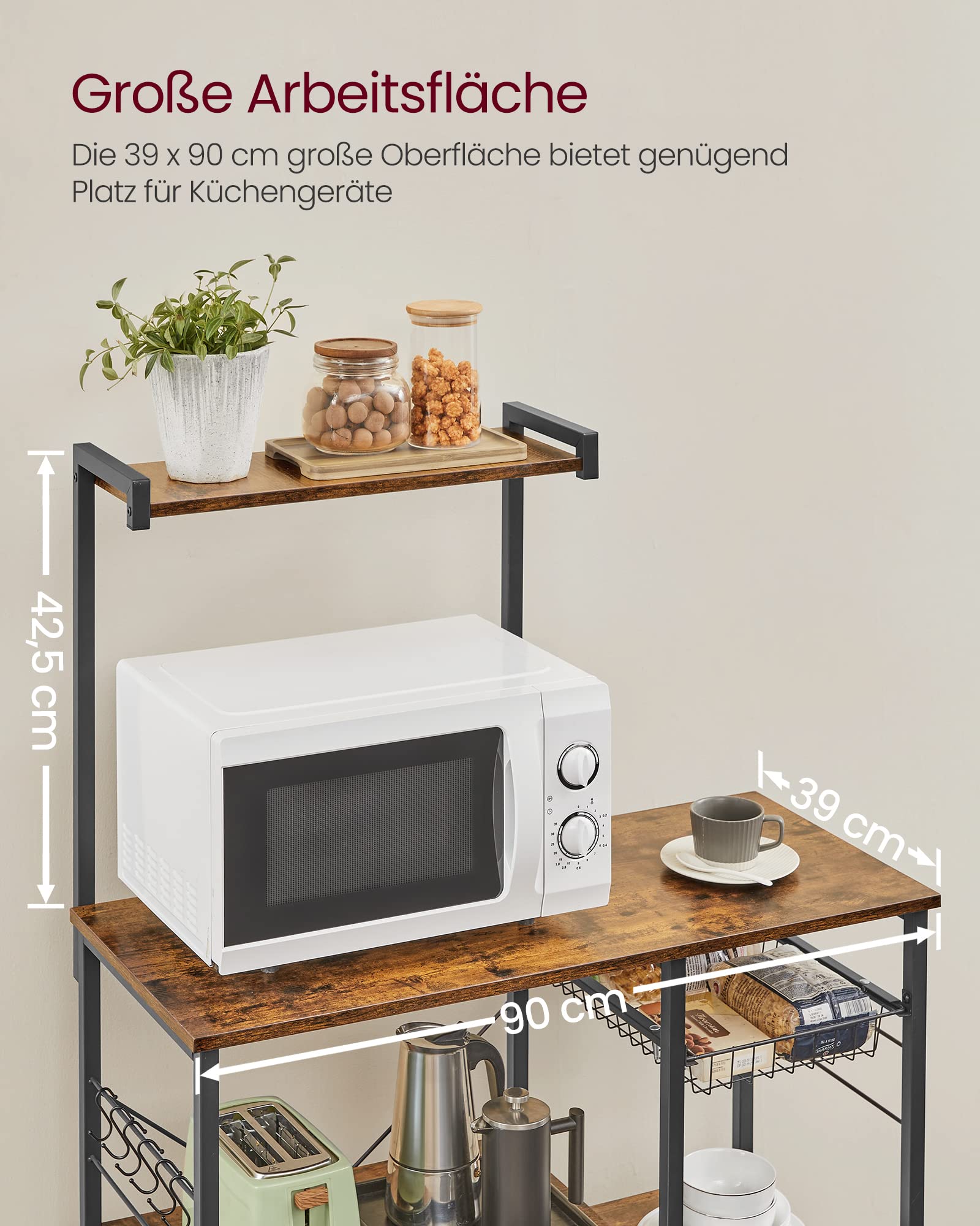 VASAGLE Küchenregal, Standregal, Bäckerregal mit Metallkorb, 6 Haken, Mikrowellenregal, für Gewürz, Töpfe und Pfannen, 40 x 90 x 134 cm, vintagebraun-schwarz KKS35X