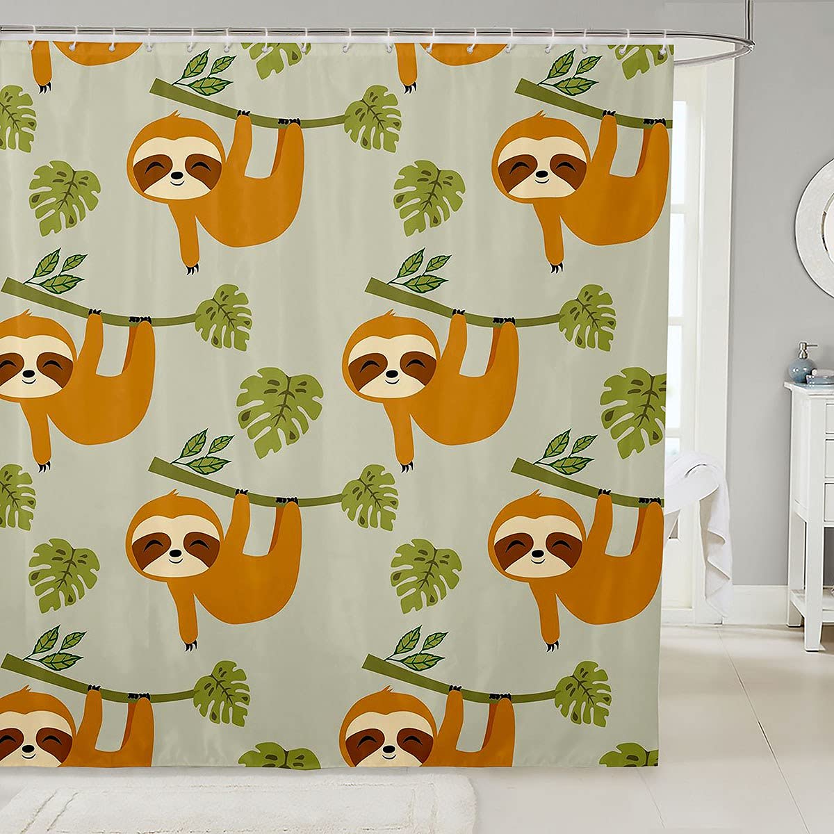Loussiesd Kids Sloth Shower Curtain Cute Animal Bath Curtain for Stalls Girsl Children Bathtubs Cartoon Slothes Palm Tree Bathroom Wild Animal Cloth Fabric Curtains 59x71 Inch