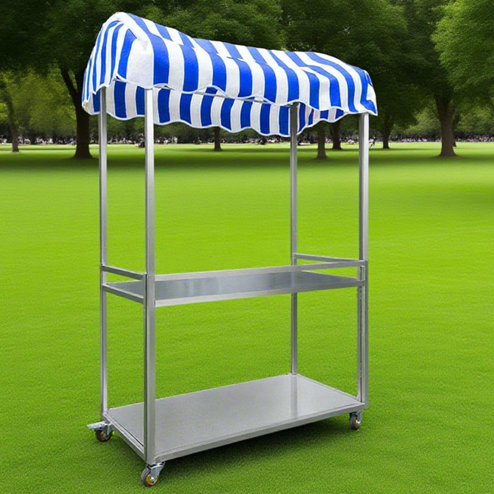 Rollbarer Verkaufswagen, Mobiler Imbisswagen Mit Rädern, 200 Kg Tragkraft, Verzinktes Blech, Mit Gestreiftem Dach, Für Street Food/Markt/Campus,100x50cm-Blue