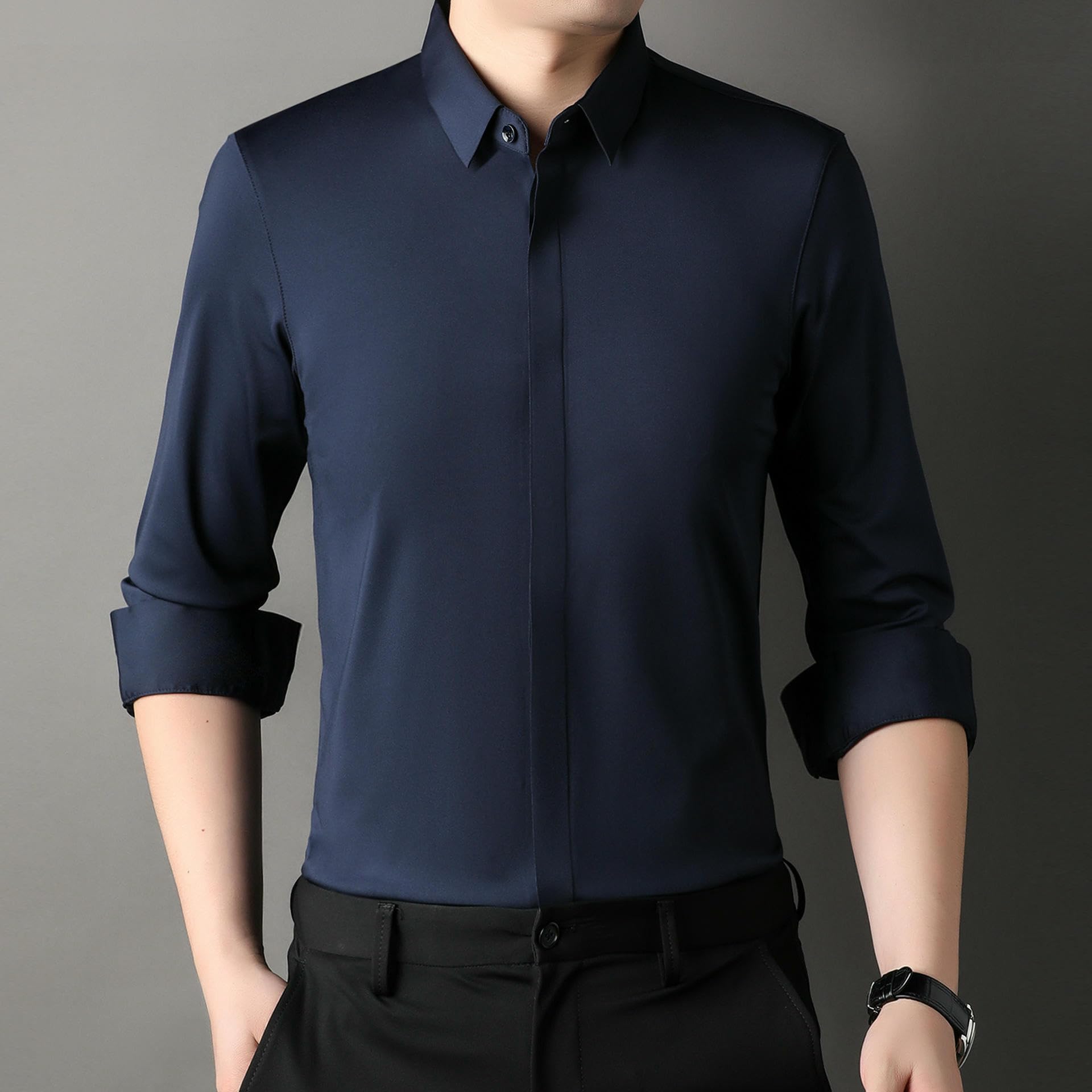 Camicia a maniche lunghe da uomo, tinta unita, slim fit, abbottonatura nascosta, senza pieghe, casual, traspirante, con bottoni