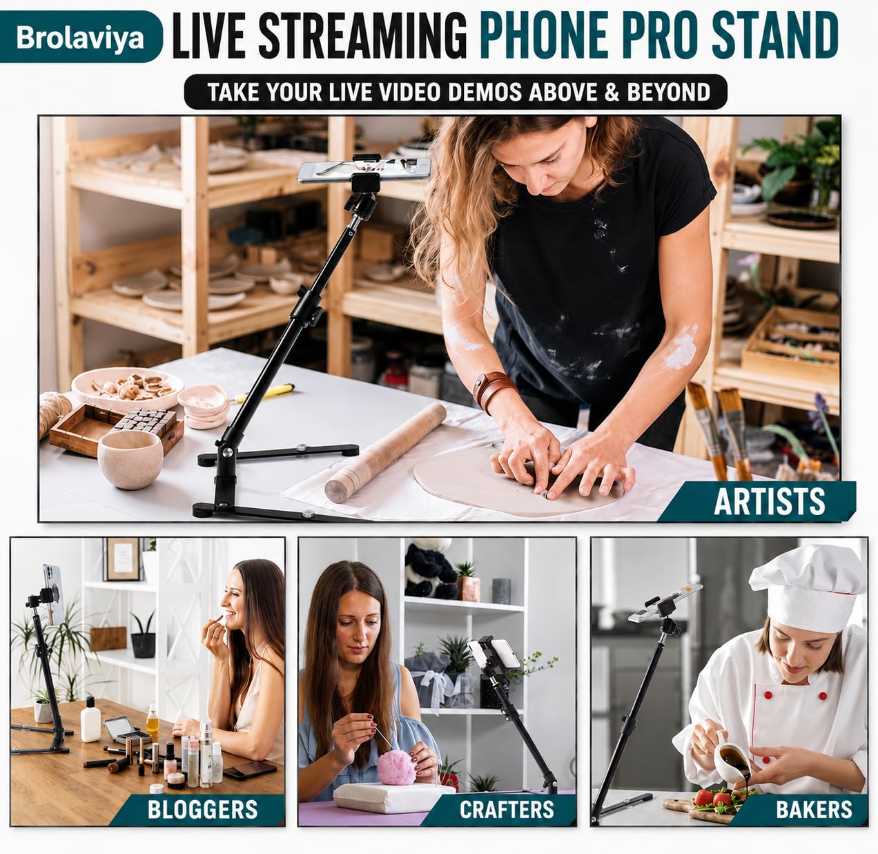 BROLAVIYA Overhead Video Mobile Metal Desktop Stand with 1/4" Male Adaptor for Camera,Gopro and Mobile Bracket for Online Teaching,Video,Desktop,Bedroom, Office 1