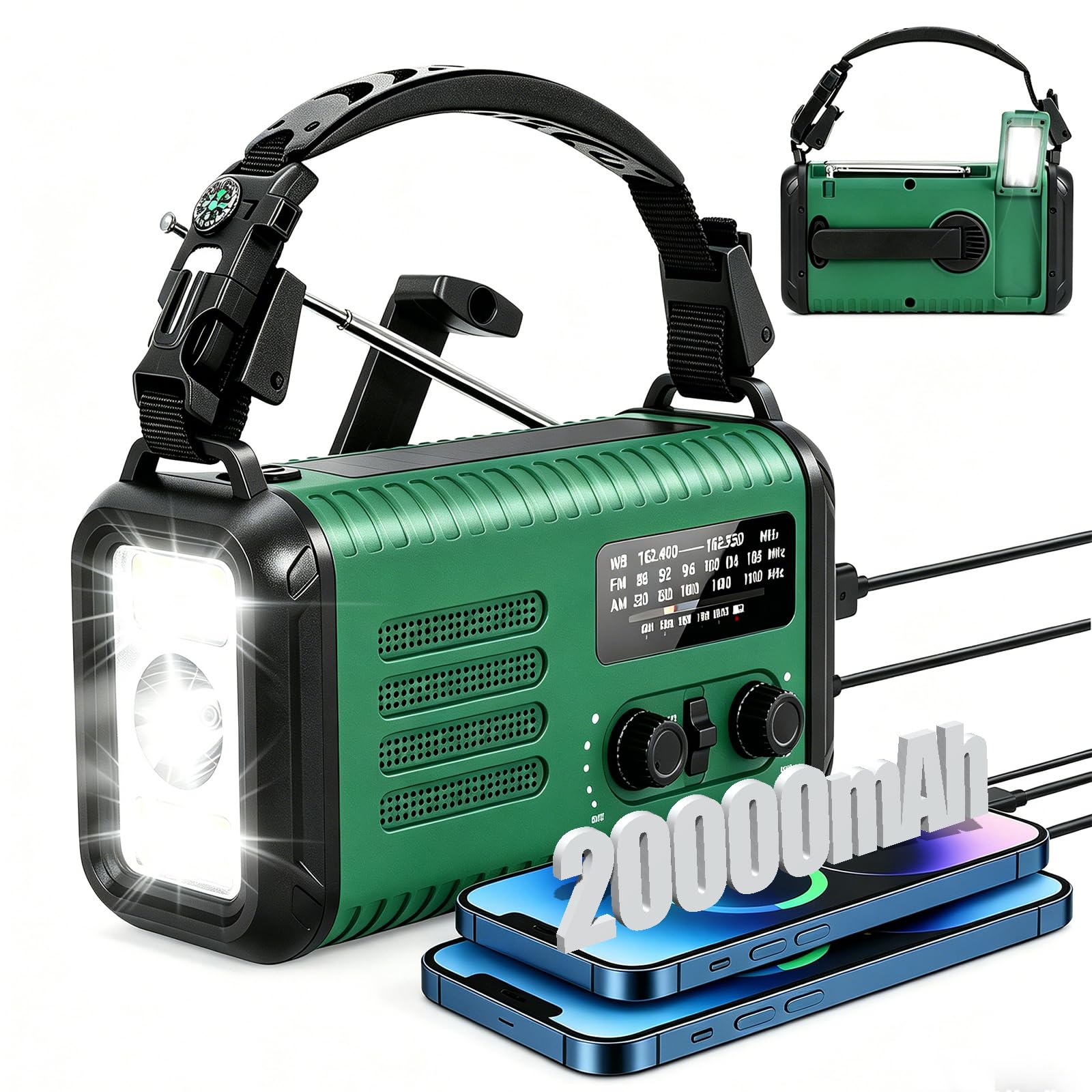Radio di emergenza 20000 mAh AM/FM/NOAA a manovella solare con caricabatterie e torcia SOS