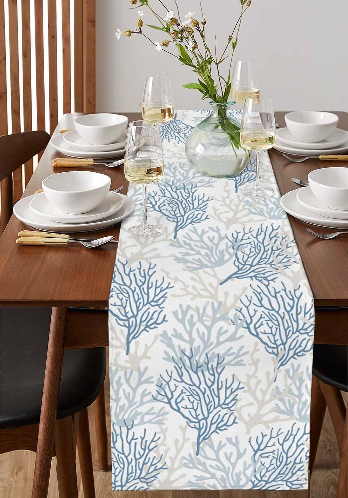 Chemin de Table en Coton et Lin Bleu Corail 13"x60" - Parfait for Une décoration sur Le thème de la Plage en été(Blue Grey Coral,13x60 inch)
