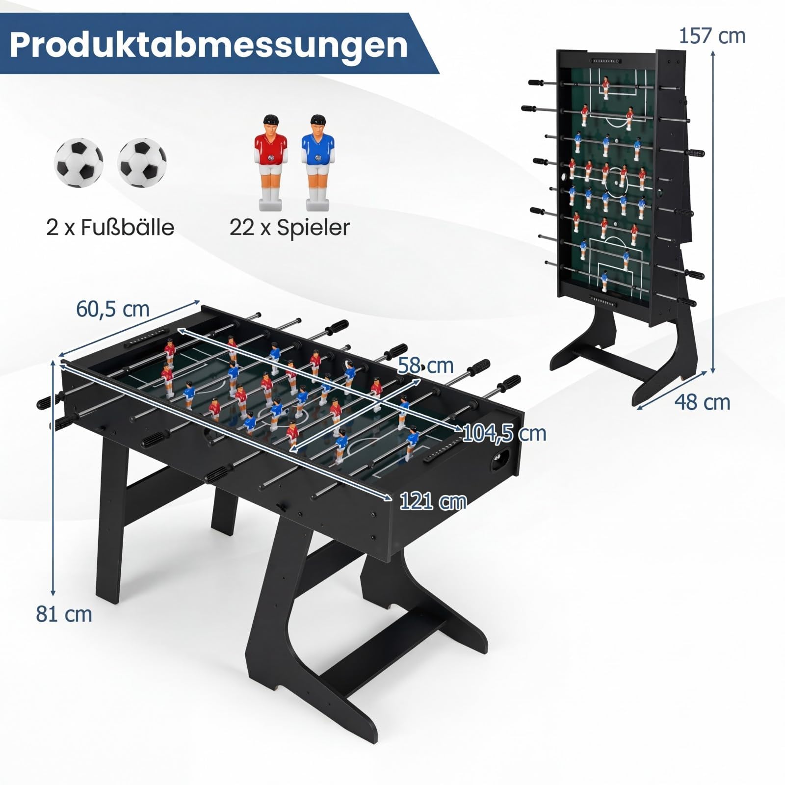 COSTWAY Tischkicker klappbar für 2-4 Spieler, 120 cm Kickertisch mit 22 Spielfiguren, Bällen & 2 Punktezähler, Tischfußball platzsparend Holz, Profi Tischfussball für Kinder & Erwachsene