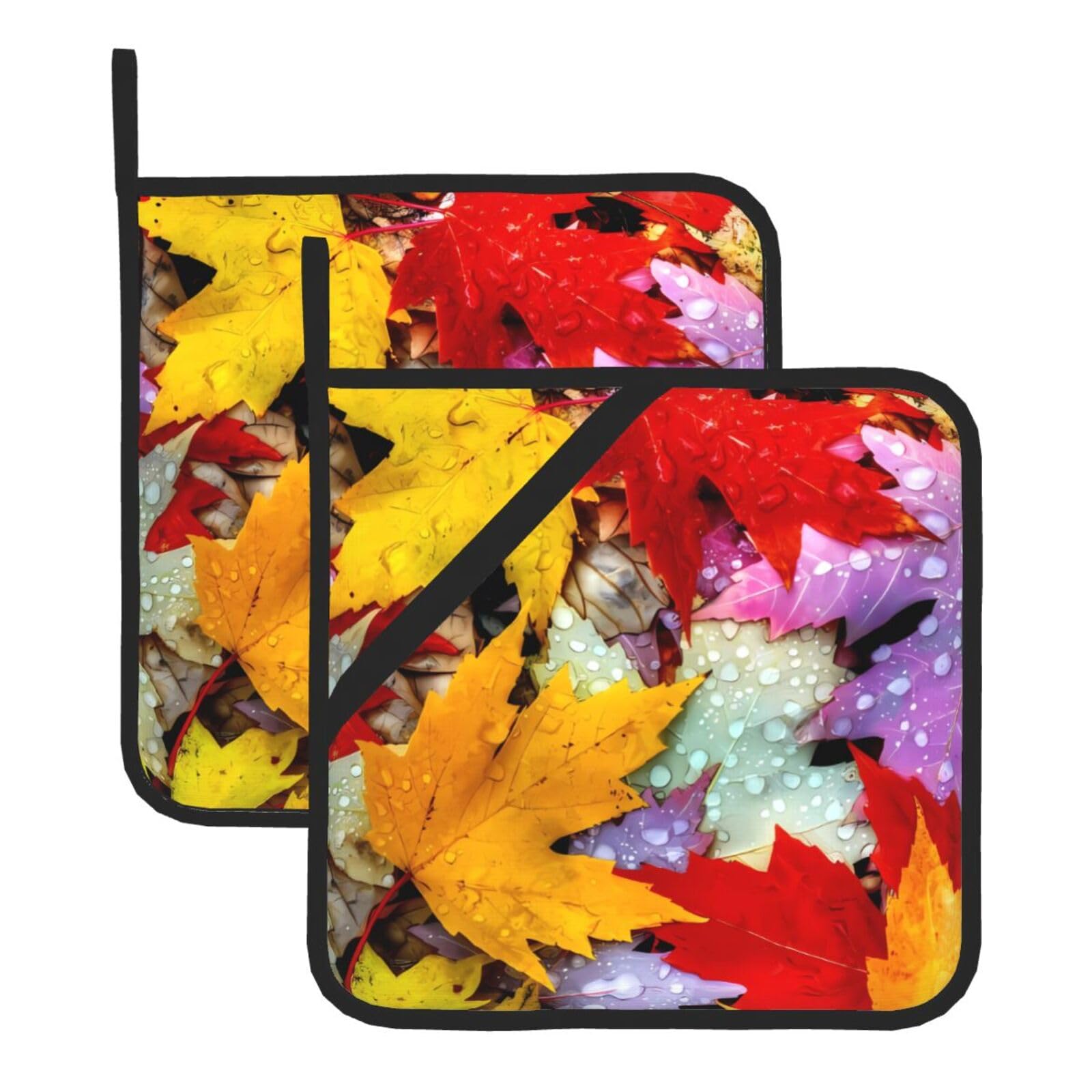 HJFCZH Autumn Leaves Maple Prints Square Hot Pads for Kitchen Counter - Waterproof Pot Holders, Durable Heat Resistant Throw Layers for Serving, Oven & BBQ - 2 Pack