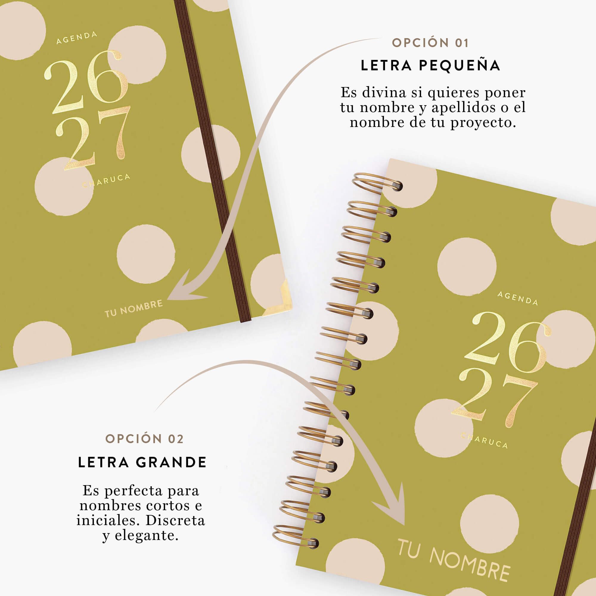 Agenda Charuca 26-27 Académica VISTA SEMANAL - Tapa Dura con Detalles Dorados, Tamaño MEDIANA - Incluye BOLSA de Tela PROTECTORA y Marcapáginas - Hecho en España. (PISTACHO DREAMS)