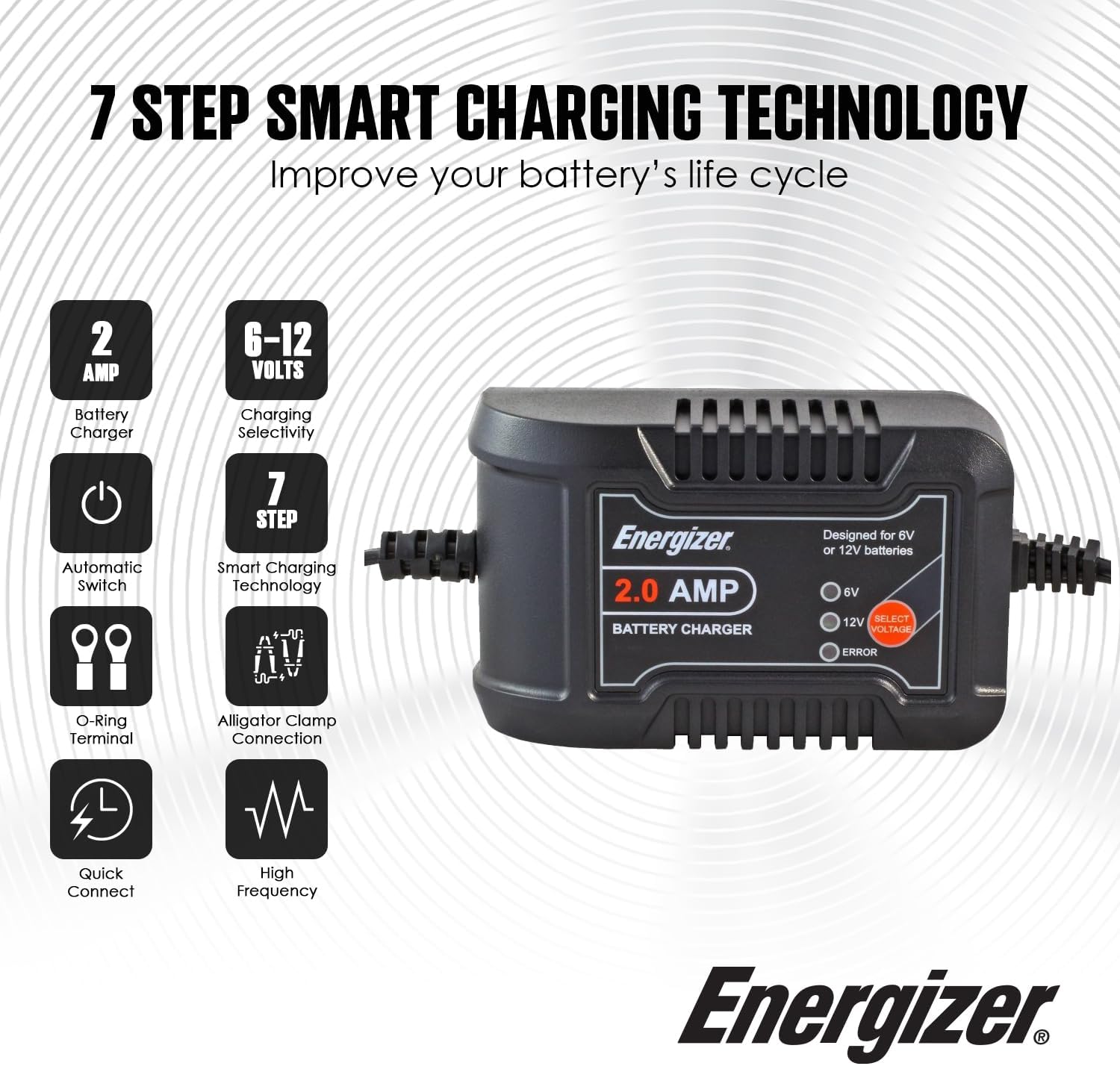 Energizer 2-Amp Battery Charger/Maintainer, 9-Step Smart Battery Car Charger, LCD Display, 6V/12V Voltage Detection for Auto, Motorcycle, RV, Boat,SUV
