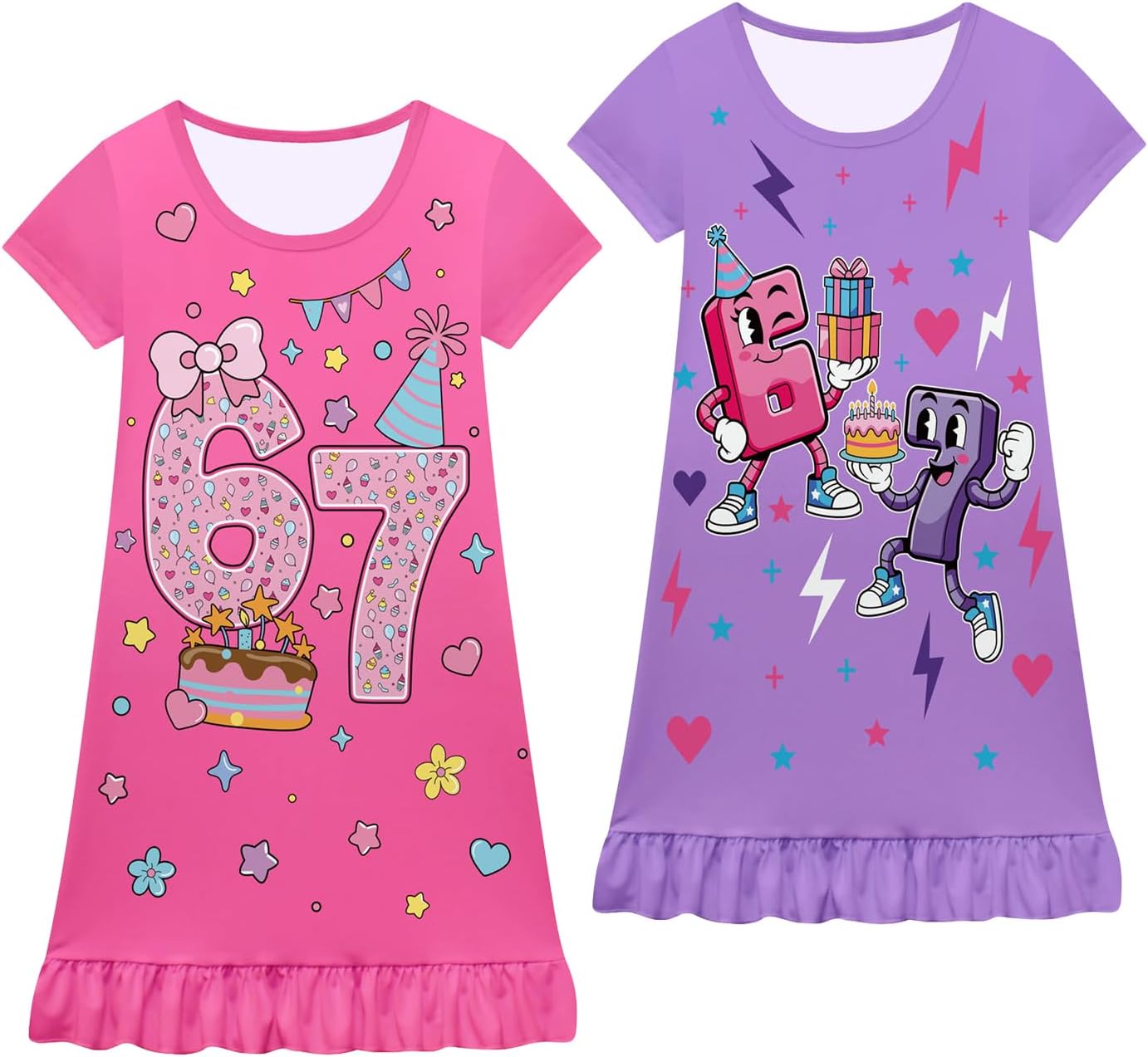 2Pcs Funny 67 Dress Design Little Girls Casual Nightgowns Dress Kids Nightgowns Dress