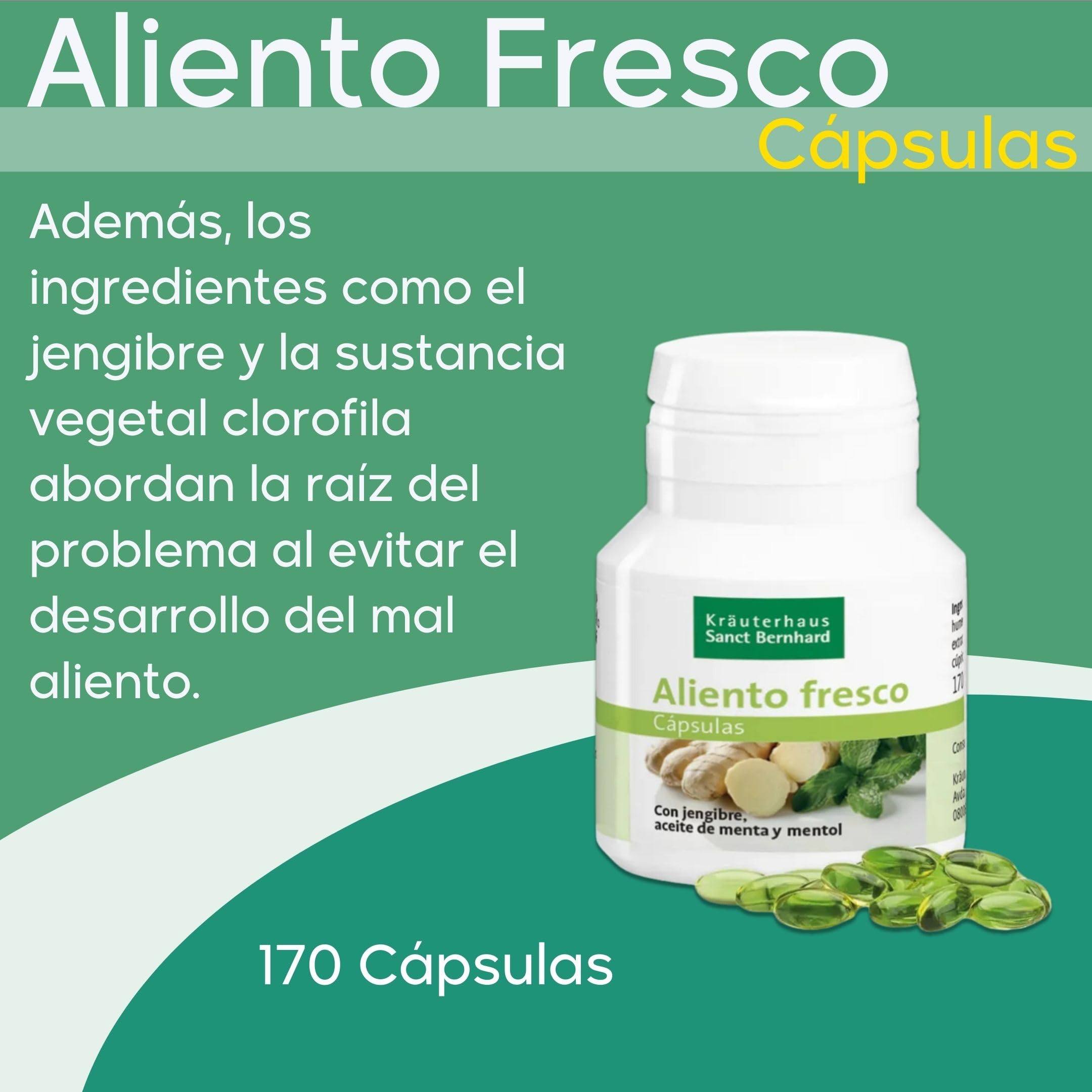 Aliento Fresco 170 Cápsulas contra Mal Aliento con Jengibre, Menta y Mentol