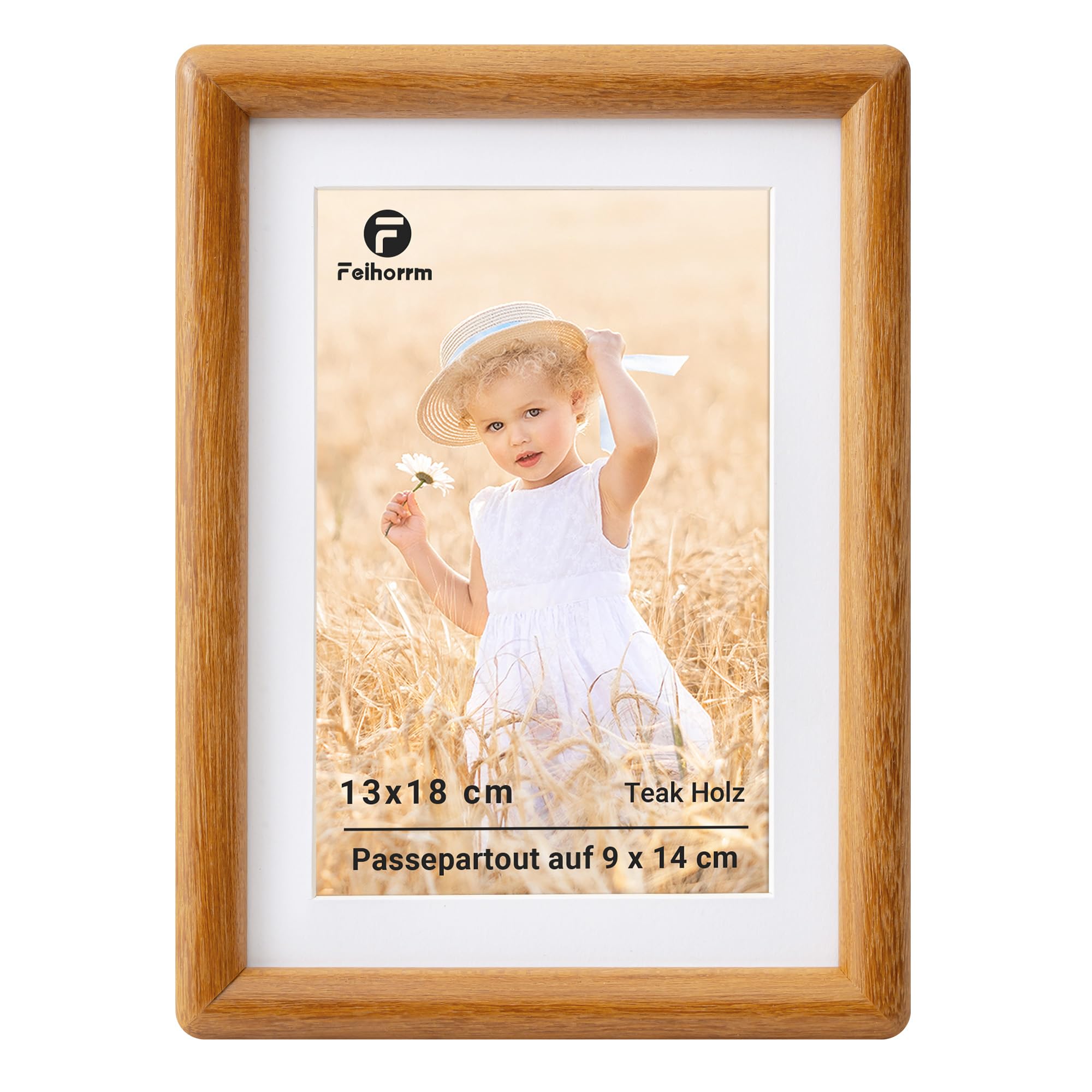 Feihorrm Teakholz Bilderrahmen 13x18, mit Passepartout für 9x14 Fotos | Fotorahmen mit Gehärtetem Glas, Bilderrahmen Holz für Wohnzimmer, Schlafzimmer, Büro, Wand & Tischbilderrahmen