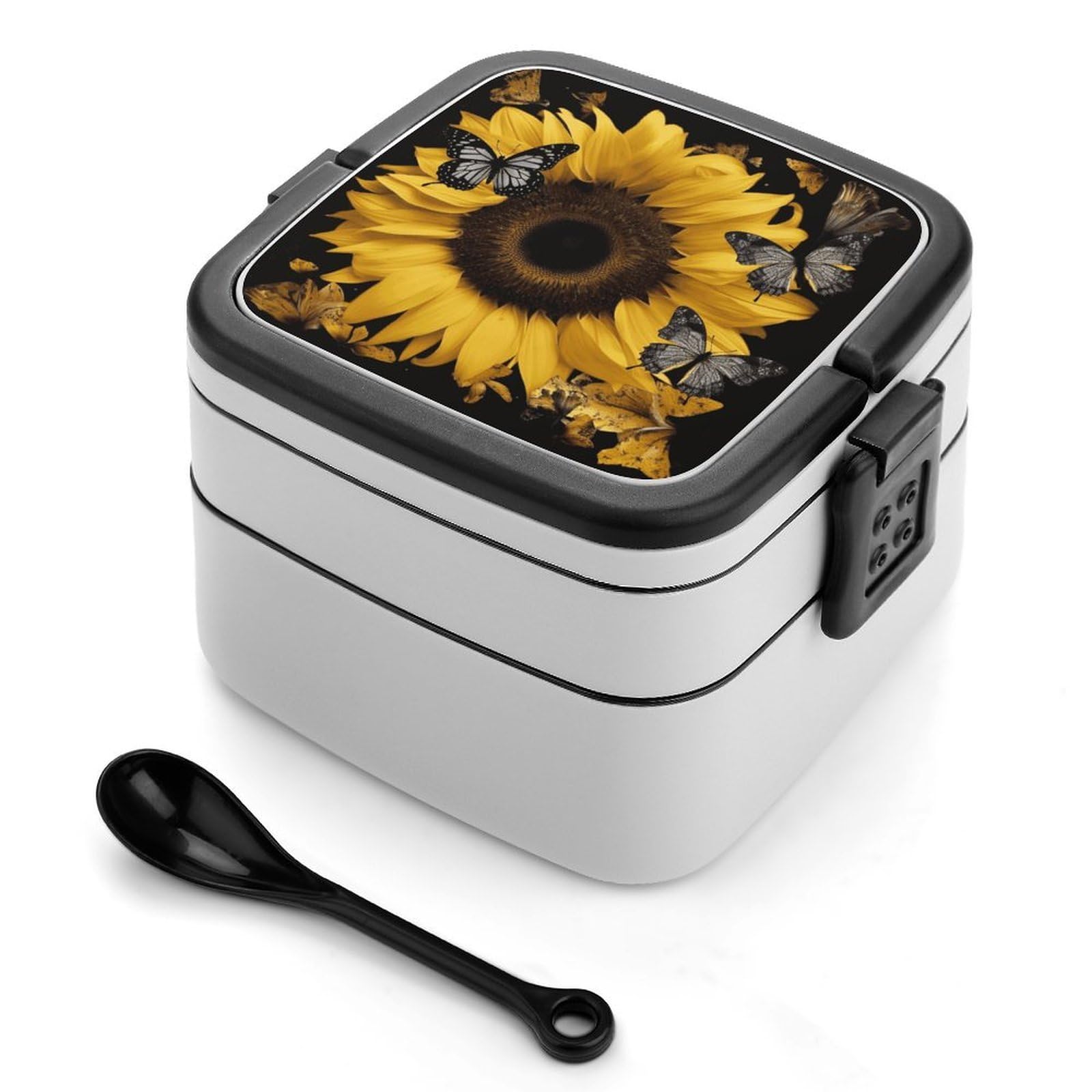 VstaDank Butterfly And Sunflower Bento Box Portable Adult Lunch Box with 2 Layer&Spoon Reusable Insulated Lunchbox Large Food Containers Leak Proof Lunch Containers for Work Camping Meal Prep