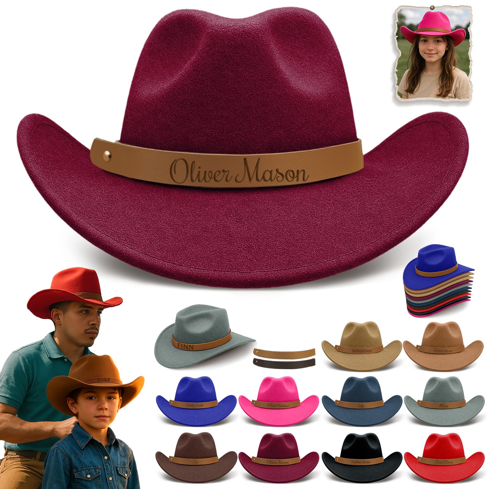 Custom Toddler Cowboy Hat, Western Hat for Kids, Personalized Name Leather Hatband Cowgirl Hats Baby Boys Girls Women Men Claret