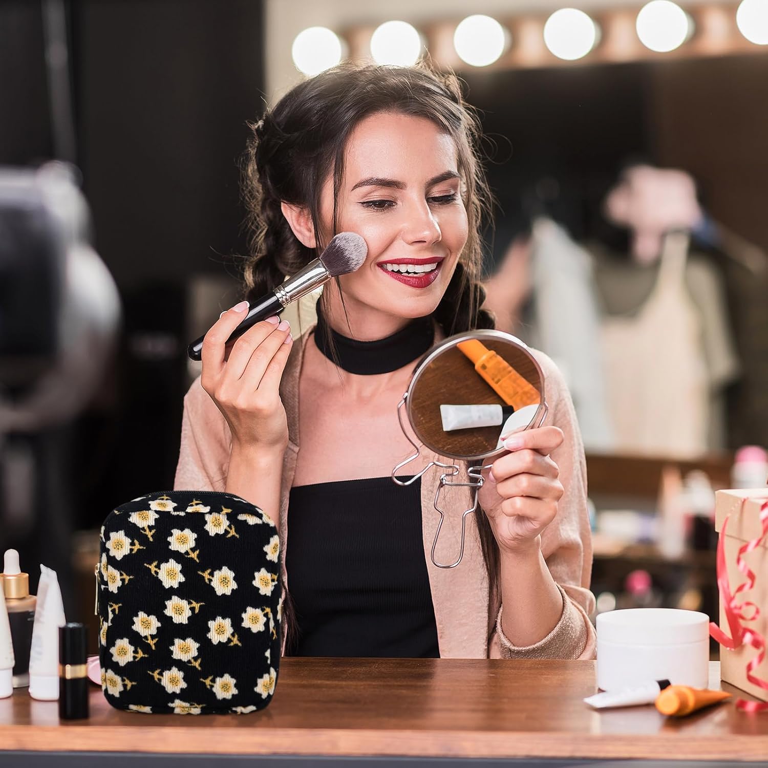 Photect 3 Pcs Floral Makeup Bag for Purse Small Cosmetic Bag Corduroy Canvas Pouch Mini Toiletry Zipper Travel Pouch for Women Gifts for Christmas Teachers Organizer Storage Accessories(Rectangular) - Image 4