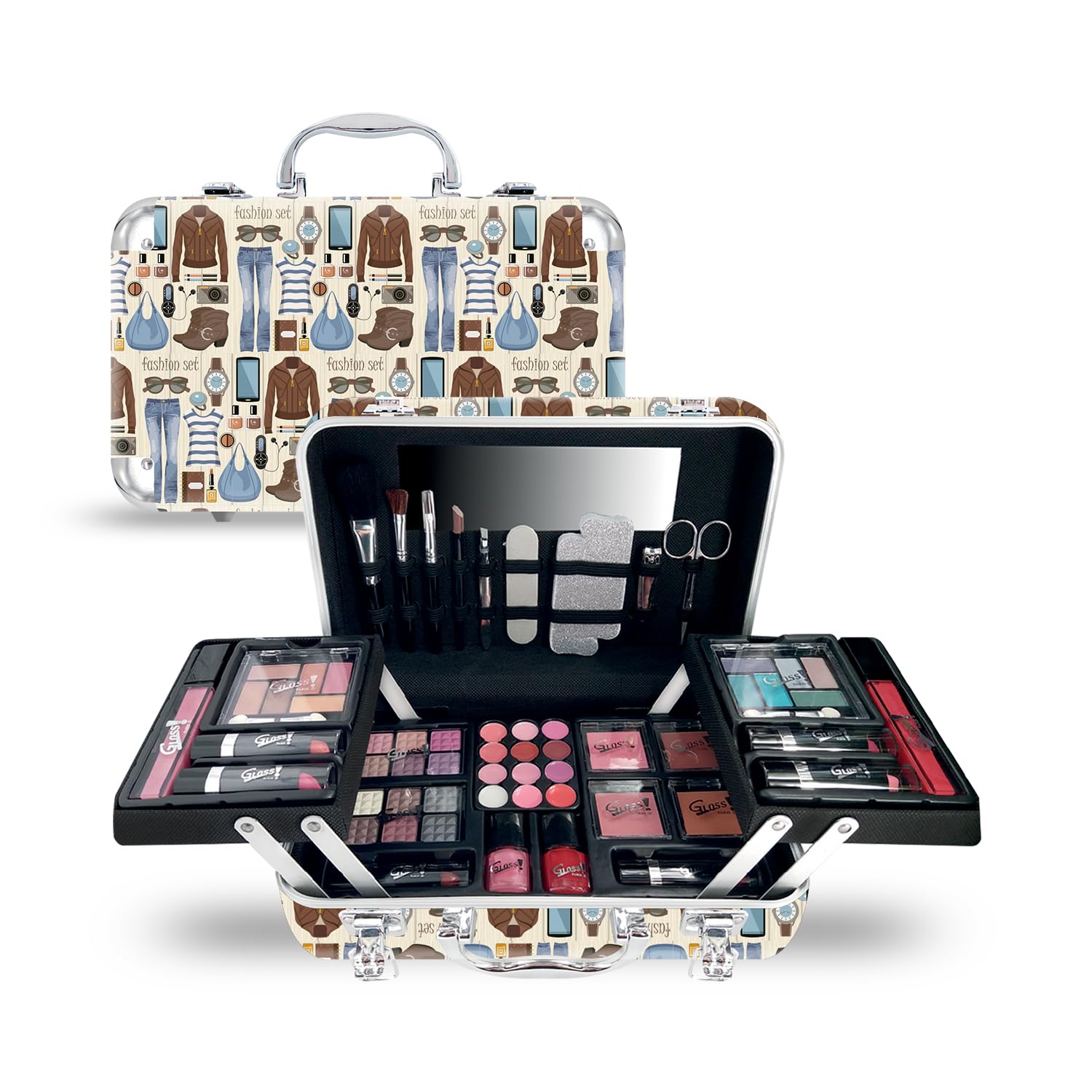 Makeup Palette and Case for Women 60 Pieces: Blush, Eyeshadow, Lipstick, Nail Polish | Storage Case | Organizer | Beauty Gift Box Idea | FASHION 2by Gloss! | FASHION 2