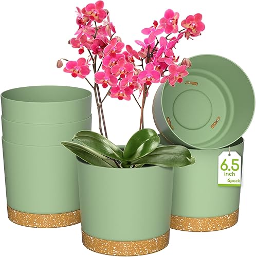 ZMTECH Macetas para plantas, juego de 6 macetas de plástico de riego automático de 6.5 pulgadas con orificio de drenaje y platillo, maceta