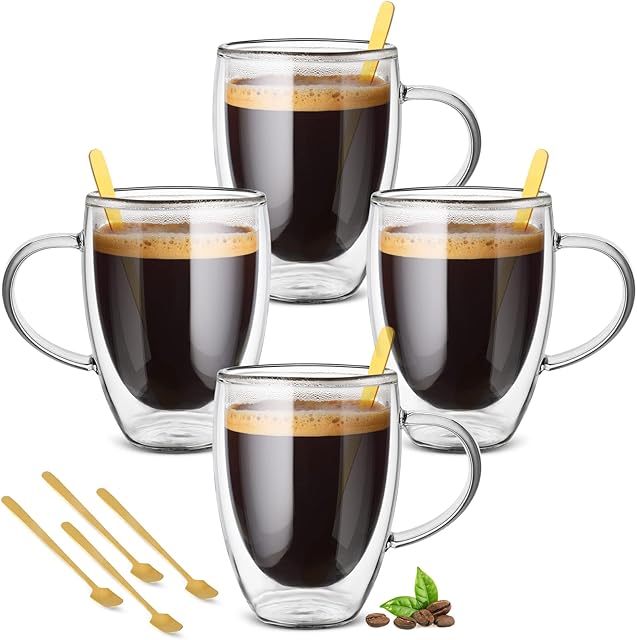 Cappuccino Glass Mugs, (Set of 4) 350ml Double Walled Espresso Mug Cups Glass Mug Set with 4 Golden Spoon, Drinking Coffee Cups with Handle, Clear Glass Mugs for Latte, Cappuccino, Tea Bag, Juice
