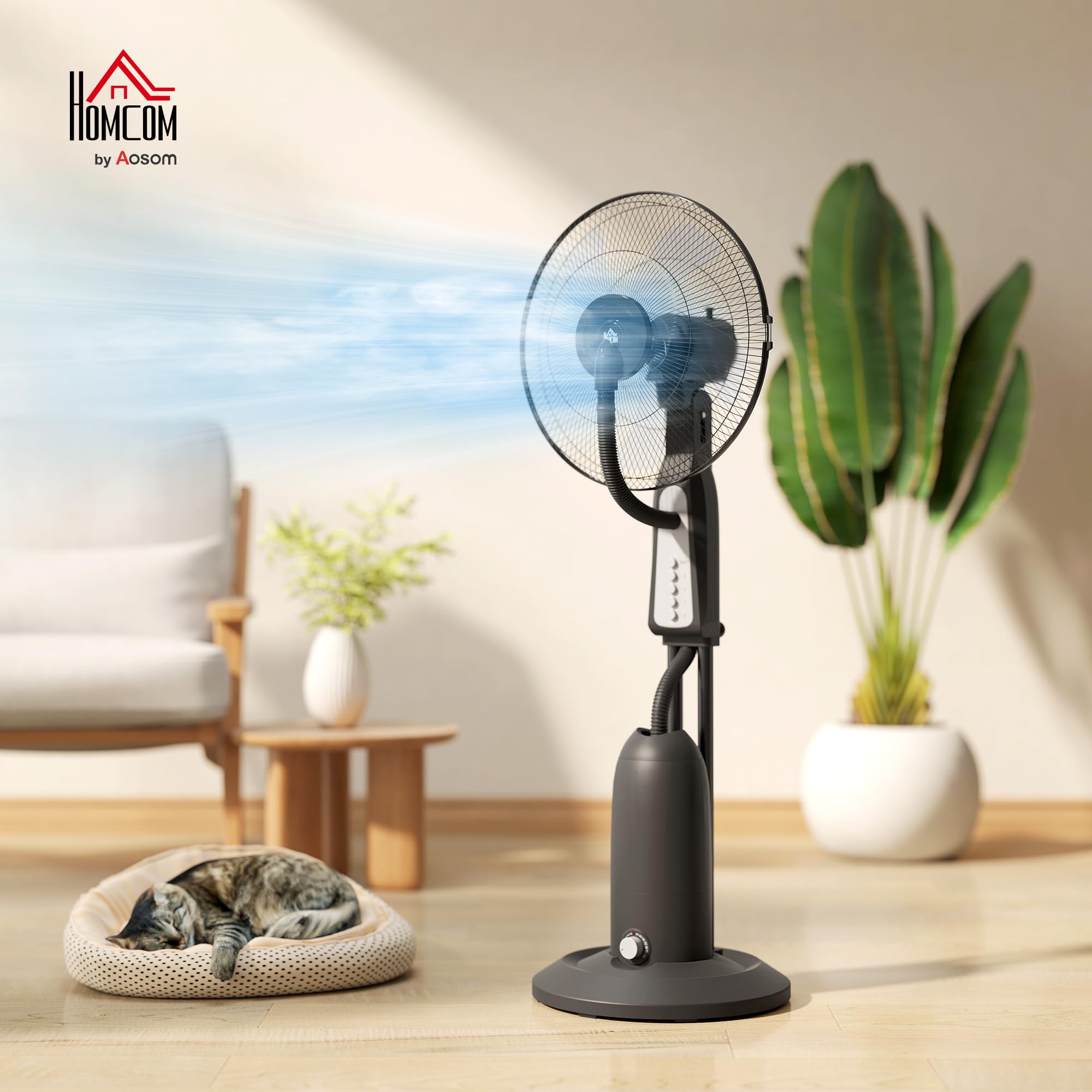 HOMCOM Ventilatore Nebulizzatore con Serbatoio da 3L 50 cm 125 cm Nero | 3 Velocità, Oscillazione 75°, Ventilatore a Piantana, Nebulizzazione Regolabile, Ruote, 90W