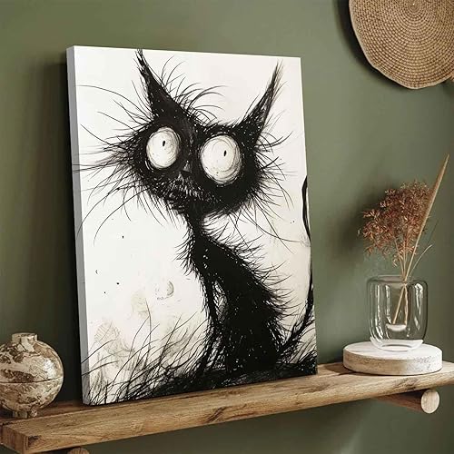 Miniatura 3 de Divertido lienzo de gato negro, arte de pared, gótico, espeluznante, felino, pintura, imágenes de Halloween, espeluznante arte en blanco y negro,