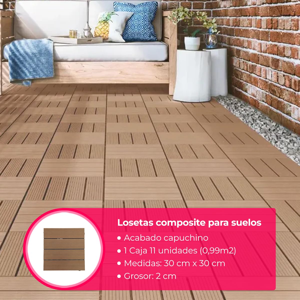 Baldosas Madera Composite WPC Terraza Patio Jardin Porche Ext e Int - Antideslizantes Robustas Texturizadas - 30x30x2,5