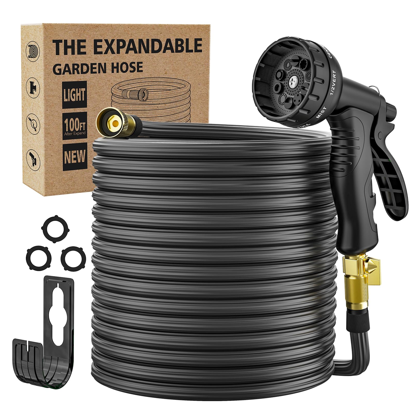 50 ft Expandable Garden Hose with Holder, 2024 Lightweight Water Hose with 10-Function Spray Nozzle, Leak-Proof Multi-Layer Water Hose with 3/4" Solid Brass Connectors Fittings (black, 50 FT)