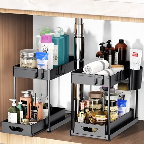 Fkprorjv Under Sink Organizers and Storage, 2 Pack Kitchen Bathroom Sink Organizer with Hooks, 2 Tier Under Sink Cabinet Basket Storage Shelf with Sliding Drawers, Black