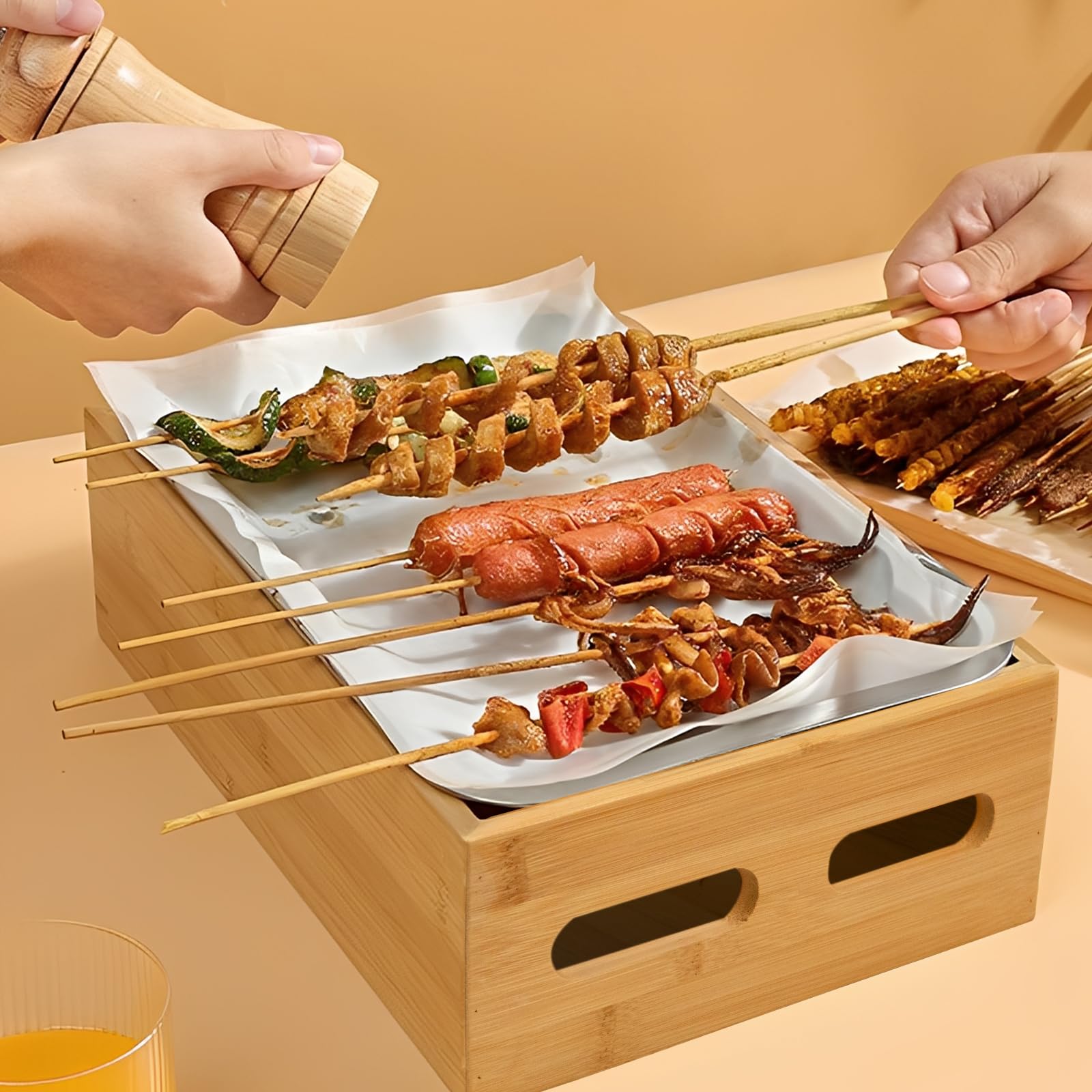 LIROPAU Uchwyt do podgrzewania mięsa do grillowania, podgrzewacz mięsa z płytą grillową ze stali nierdzewnej do grillowania, pojemnik utrzymujący ciepło, potrawy do grillowania, na imprezy typu