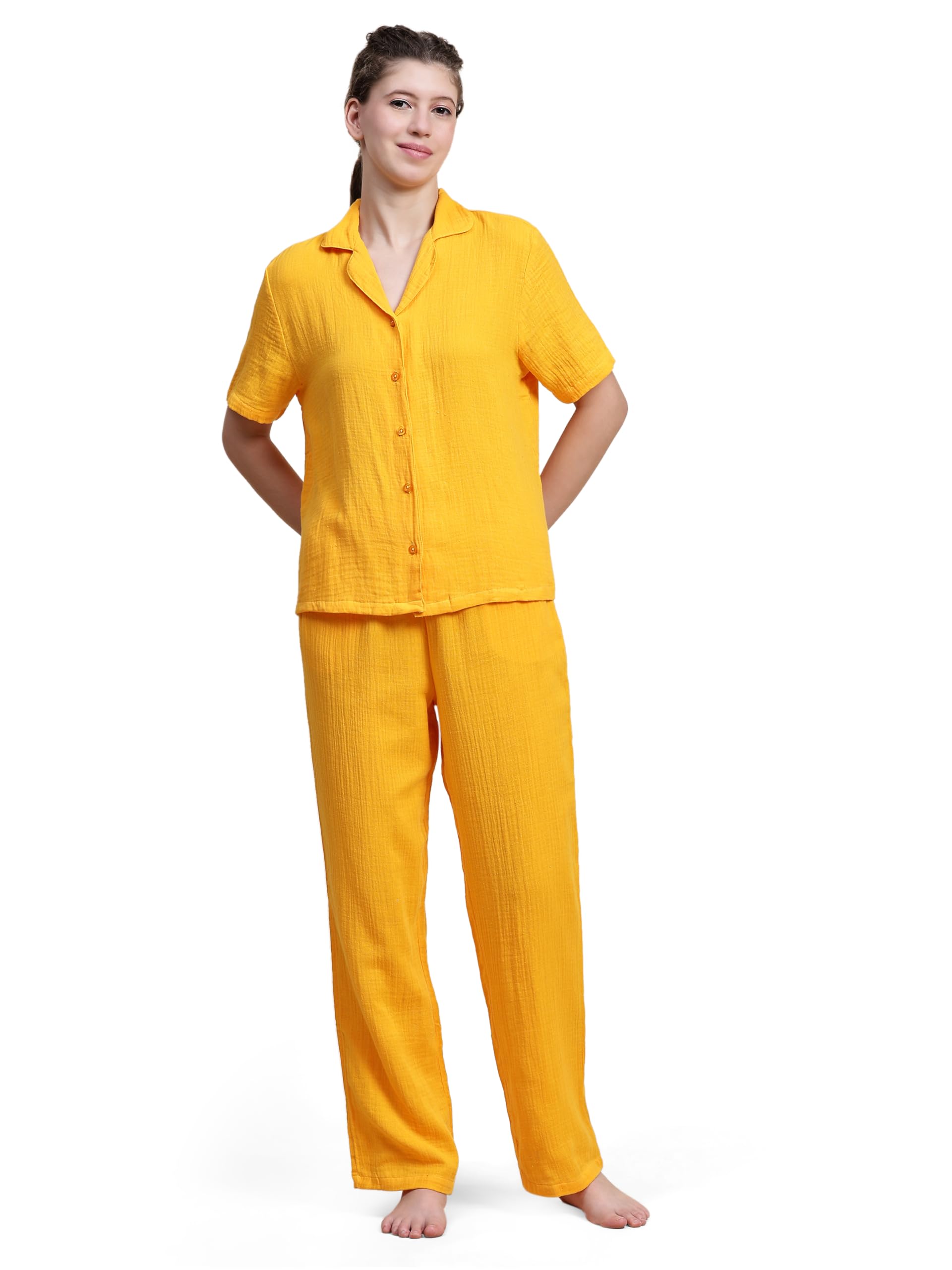 b stories Women’s Mustard Yellow Solid Viscose Night Suit | Notched Collar Short Sleeve Top & Lounge Pant Set with Pocket | Stylish Sleepwear & Casual Outings-picture-45
