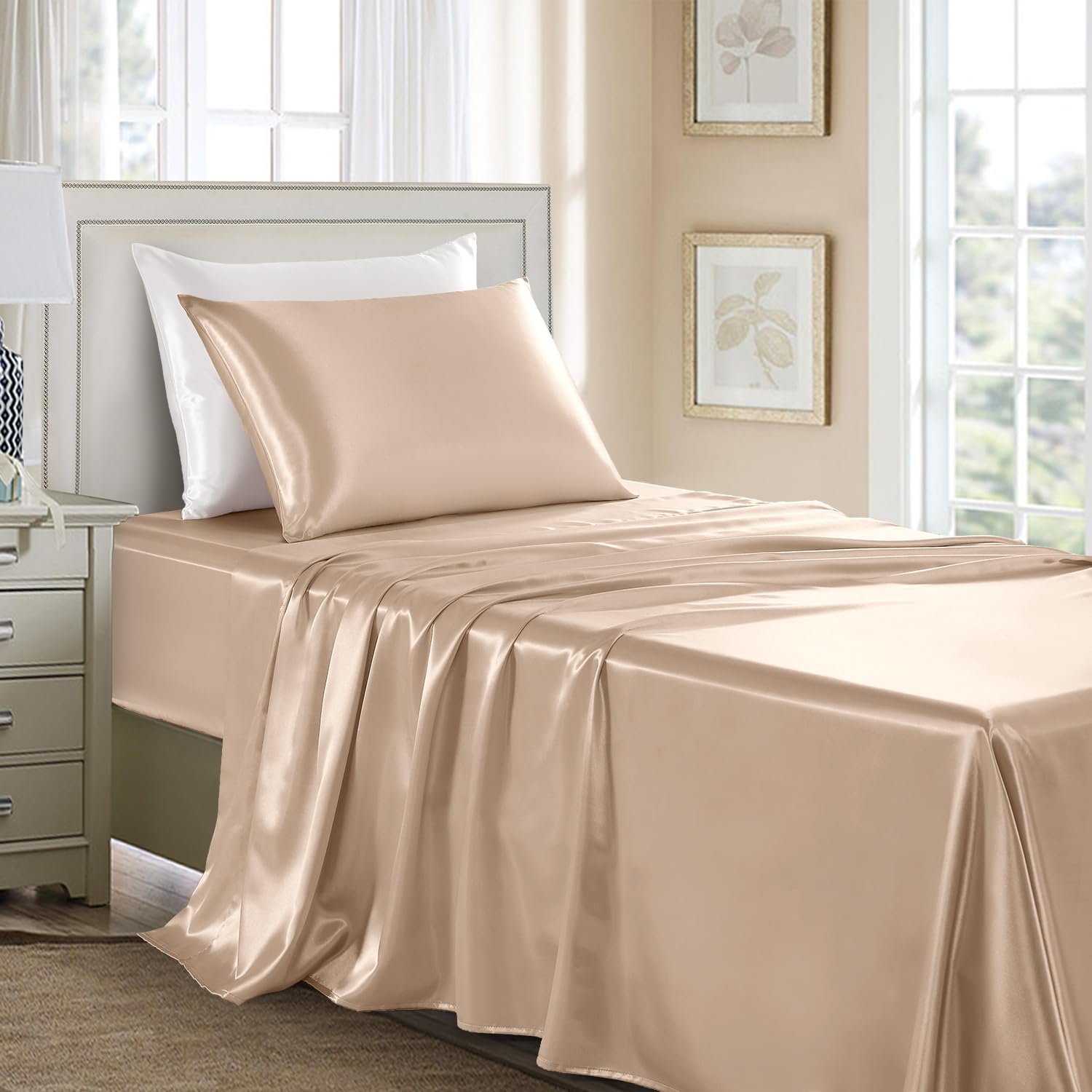 GOLAL Satin Sheets Twin Size - 3 Pieces Luxury Silky Soft Bed Sheets, Wrinkle-Free Champagne Satin Silk Sheet Set with 1 Deep Pocket Fitted Sheet, 1 Flat Sheet, 1 Pillow Case