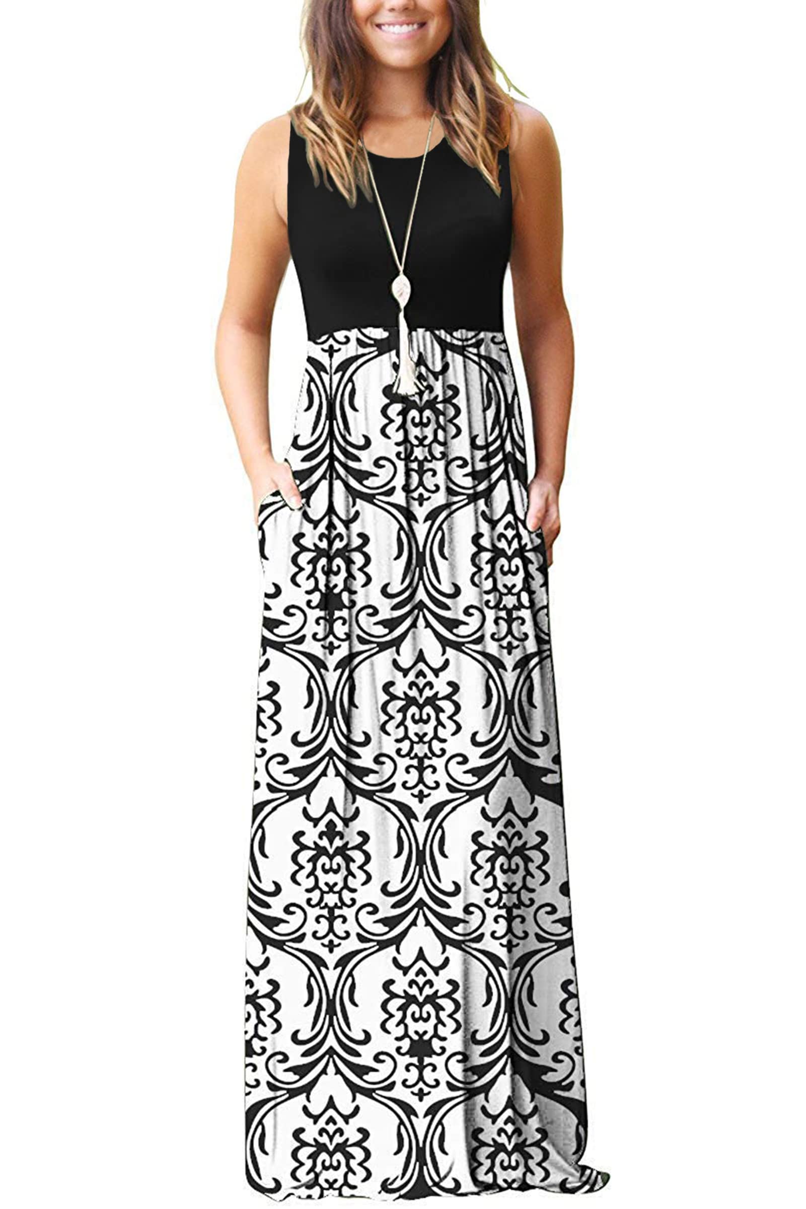 AUSELILY Womens Maxi Dress 2025 Summer Sleeveless Casual Slim Flowy Pleated Long Dresses With Pockets Black S At Women's Clothing Store