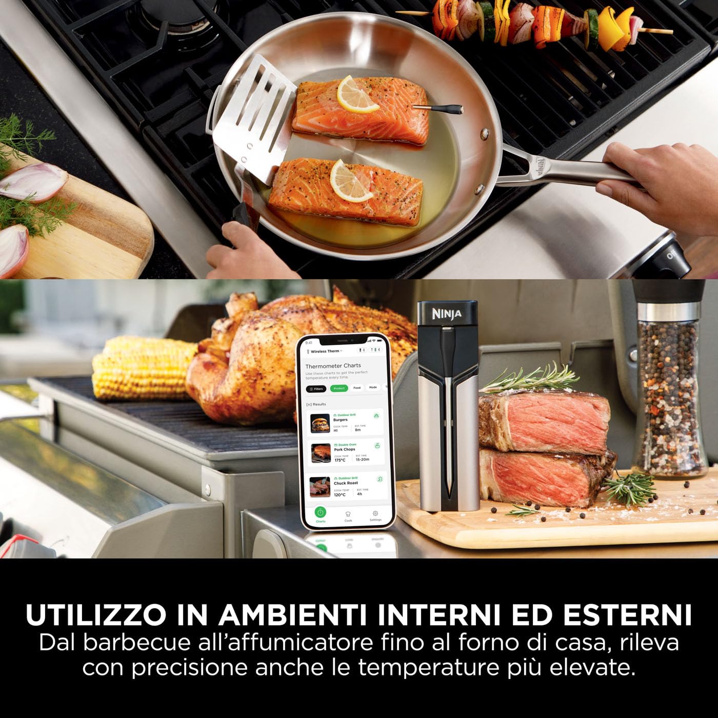 Ninja ProChef Termometro a Sonda Wireless per Carne, per Grigliare e Friggere ad Aria, con Bluetooth, Durata Batteria di 30 ore, Controllabile con App, Resistente al Calore, Impermeabile, WP100EU