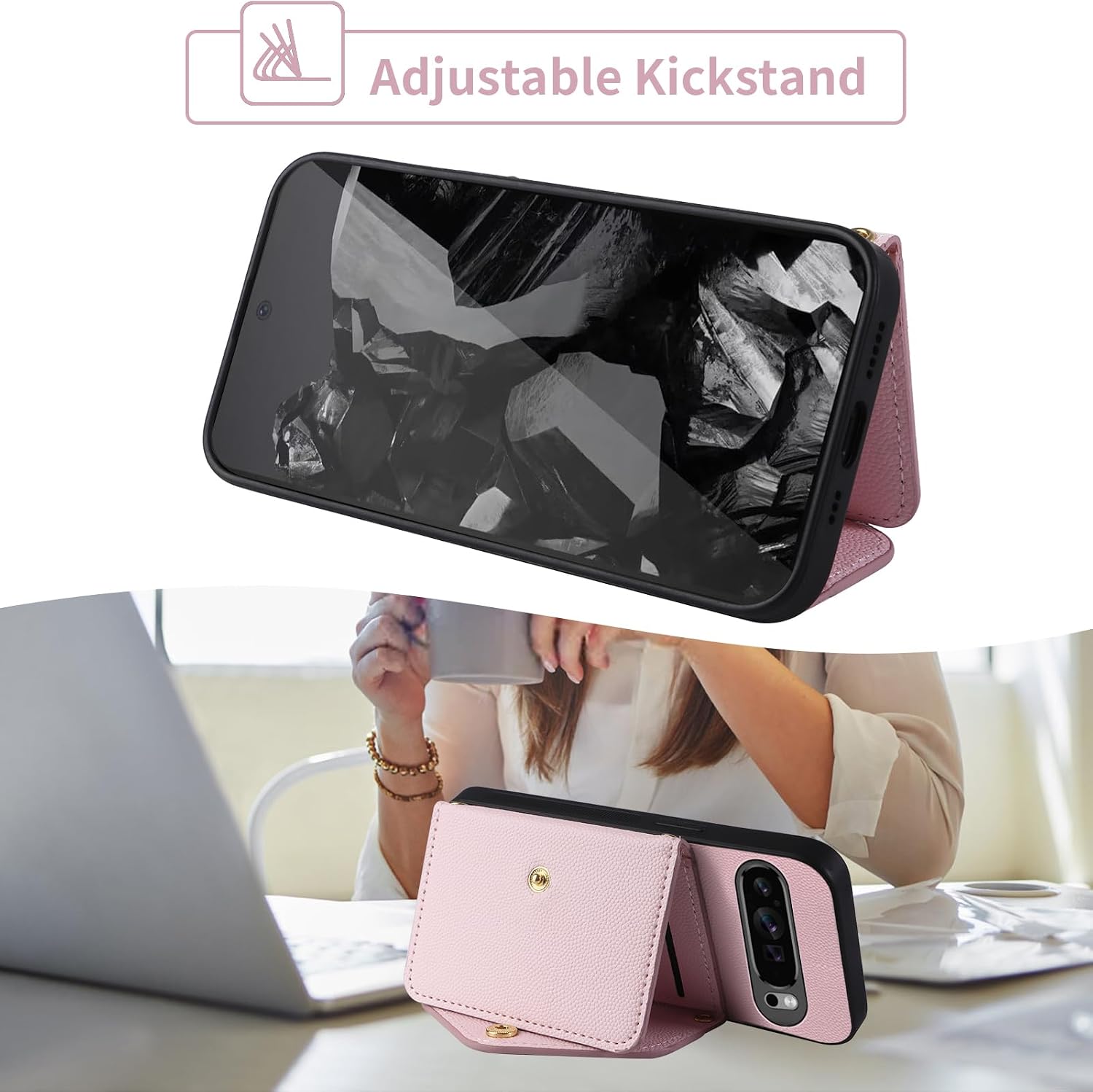 Phone Cover for Google Pixel 9/9 Pro 5G Shoulder Strap Card Slots Men Pink image 2