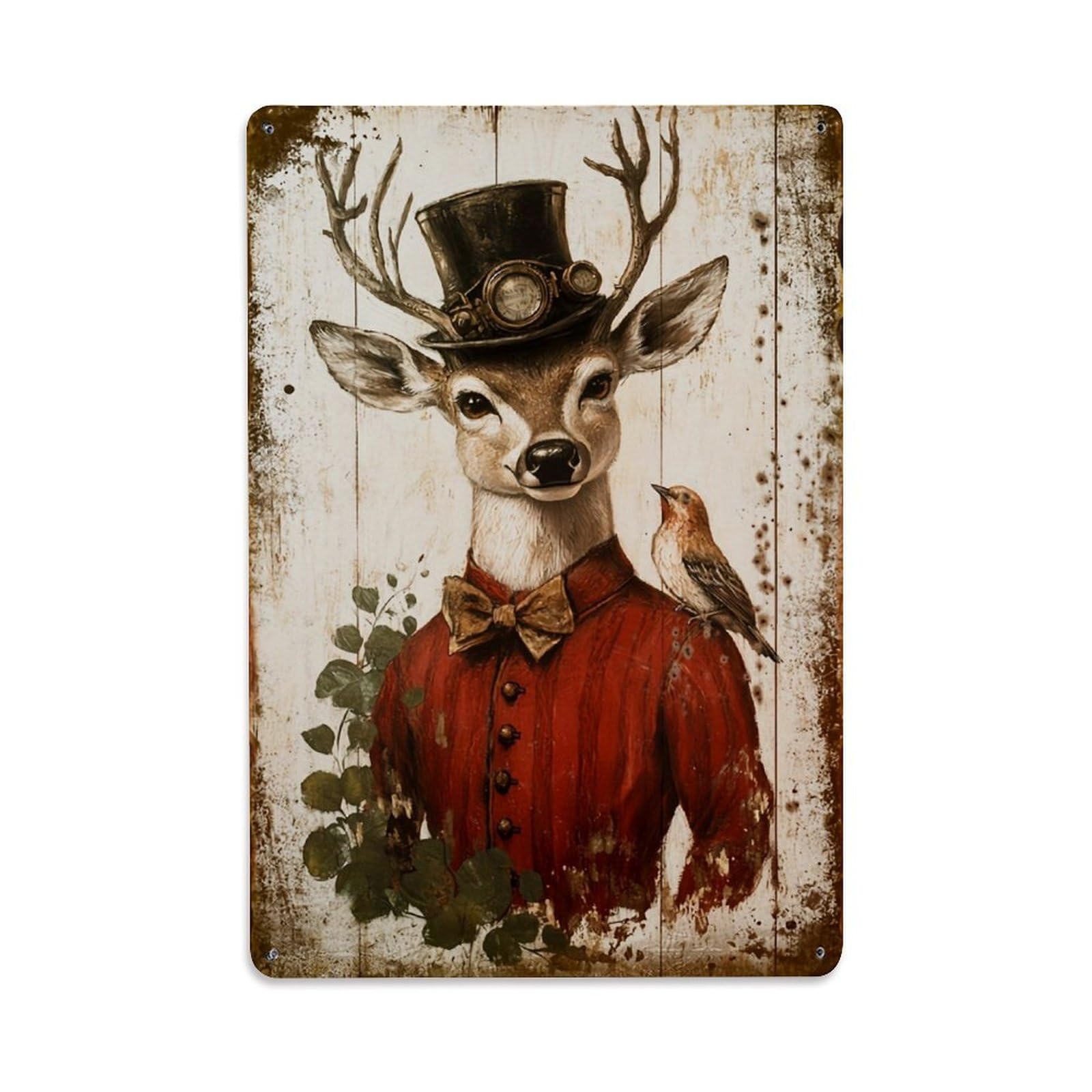 Jdfenggu Vintage Deer In Top Hat With Bird Retro Metal Tin Sign, Decor Art Poster For Bar, Home, Man Cave, Kitchen, Laundry Room Gift 8X12inch