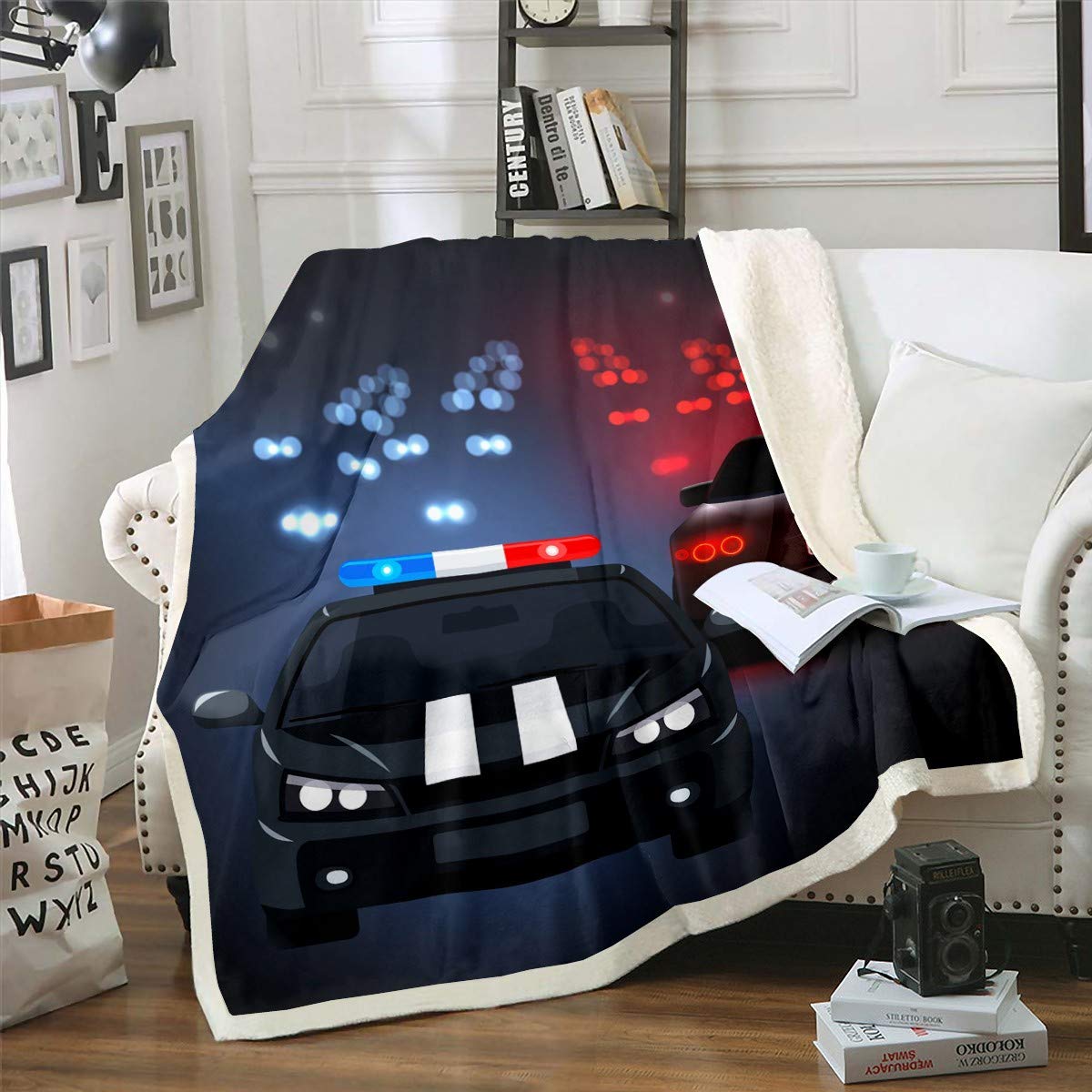 Loussiesd Boys Car Sherpa Blanket Cartoon Police Car Fleece Throw Blanket Vehicles Plush Blanket for Sofa Bed Bedroom Decor Modern Cars Fuzzy Blanket Baby 30x40 Inch