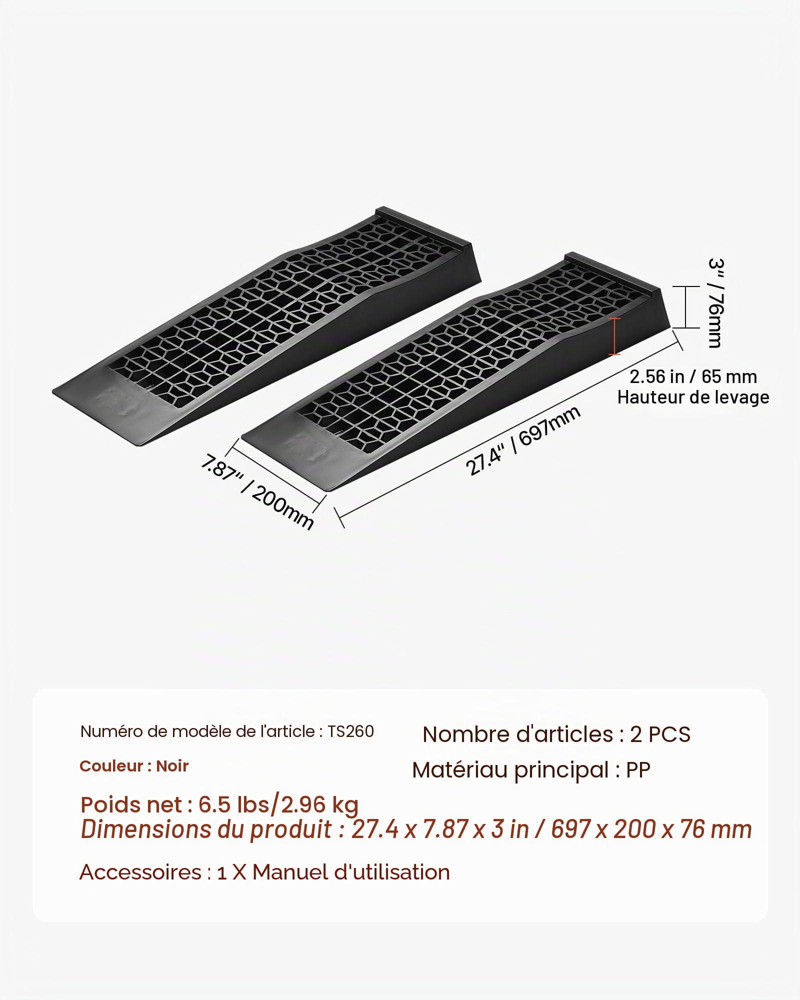 VEVOR Rampe de Voiture, 2 PCs, Rampe d'accès Portable à Profil Bas pour Voiture, capacité de 9072 kg, Hauteur de Levage de 65 mm, pour vidange, Inspection et réparation de véhicule à châssis Bas