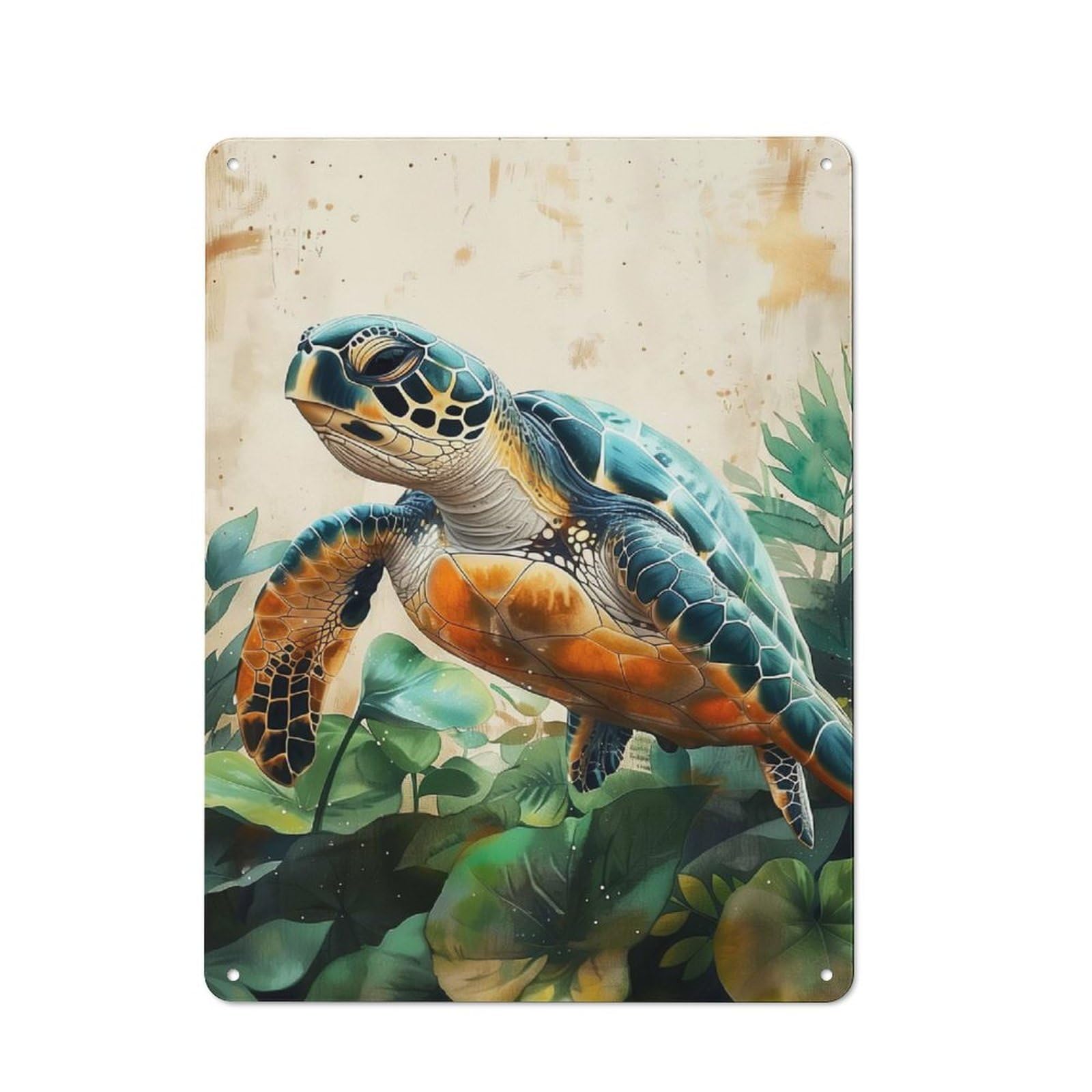 Junmoney Sea Turtle In Lush Foliage Metal Wall Plaque 40X30cm, Vintage Nostalgic Wall Art For Bedroom, Office, Home Bar Or Dining Room