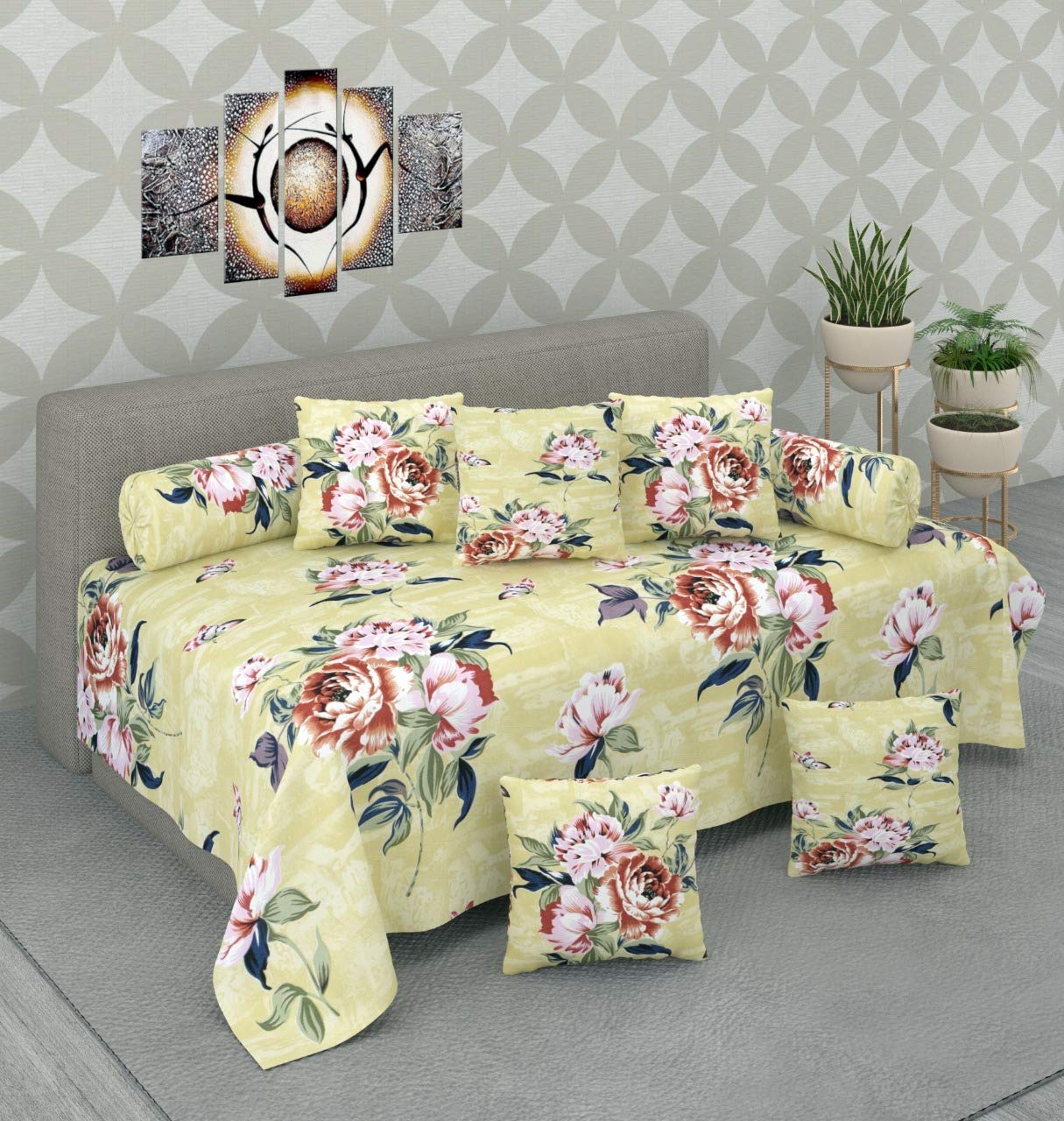 Decora Emporium Cotton Modern Diwan with Cushions 5 Pieces and Boosters 2 Pieces Combo for Living Room (Single, Multicolor, 016) - Set of 8 Pieces