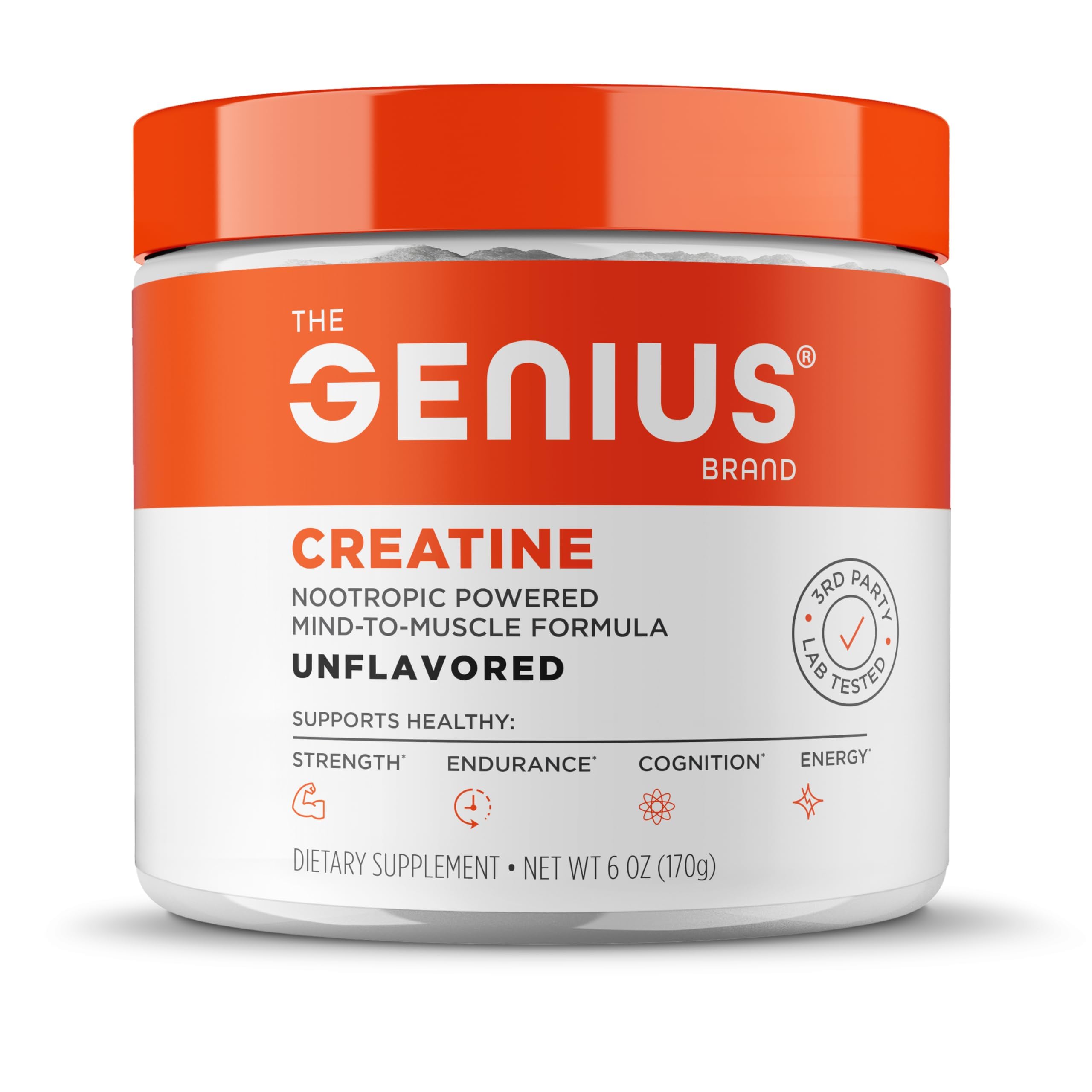 The Genius BrandGenius Creatine - Creatine Monohydrate Powder for Active Lifestyles - Endurance, Strength, Brain Performance & Muscle Health Support - Mind-to-Muscle Formula - Unflavored - 6 oz