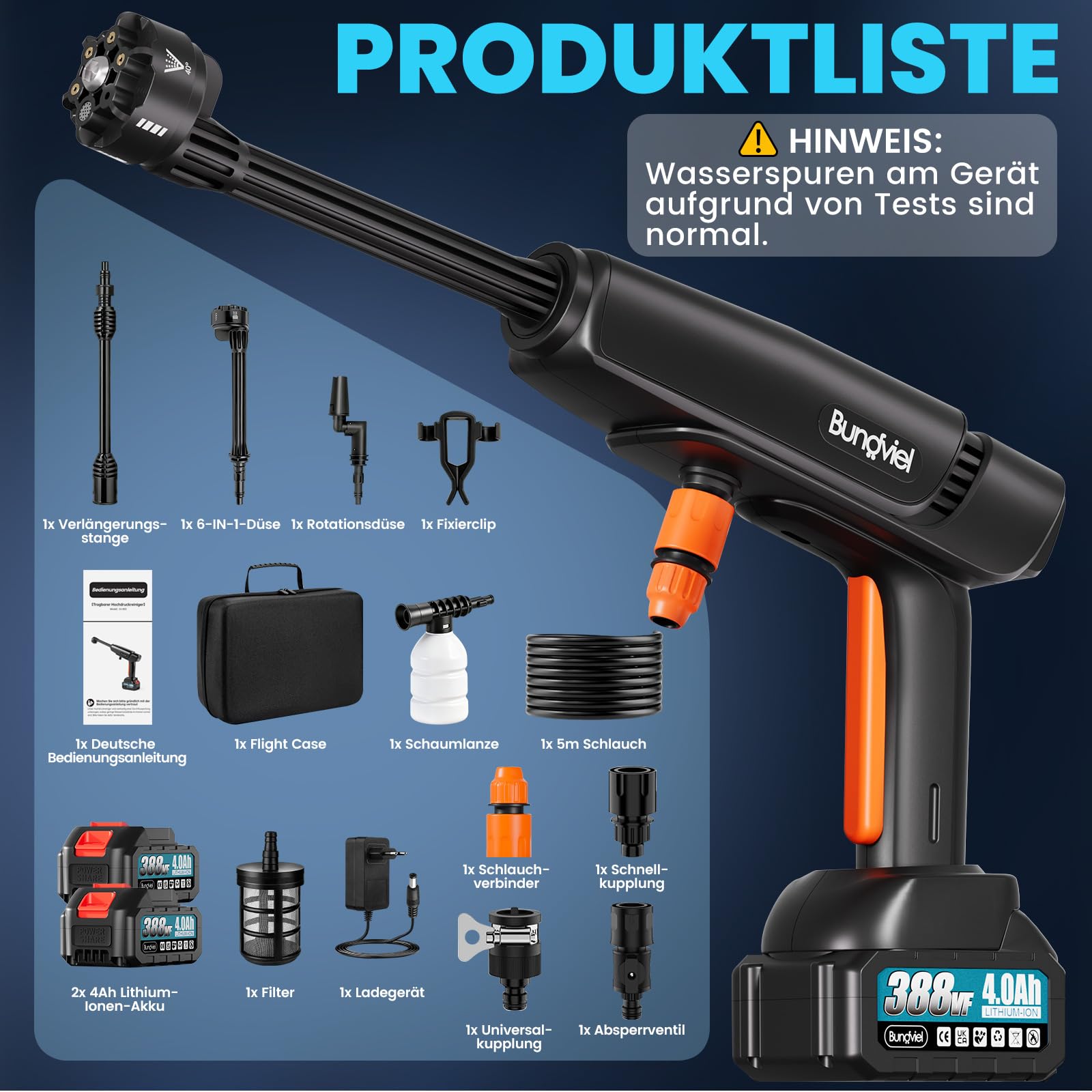 Akku Hochdruckreiniger 21V(160Bar) Kompatibel mit Makita Akku,Bürstenloser Motor 294 L/H Druckreiniger mit 2x4Ah Akku, 6-in-1 & 180° Drehbare Düse,5M Schlauch für Autos/Gärten/Terassen