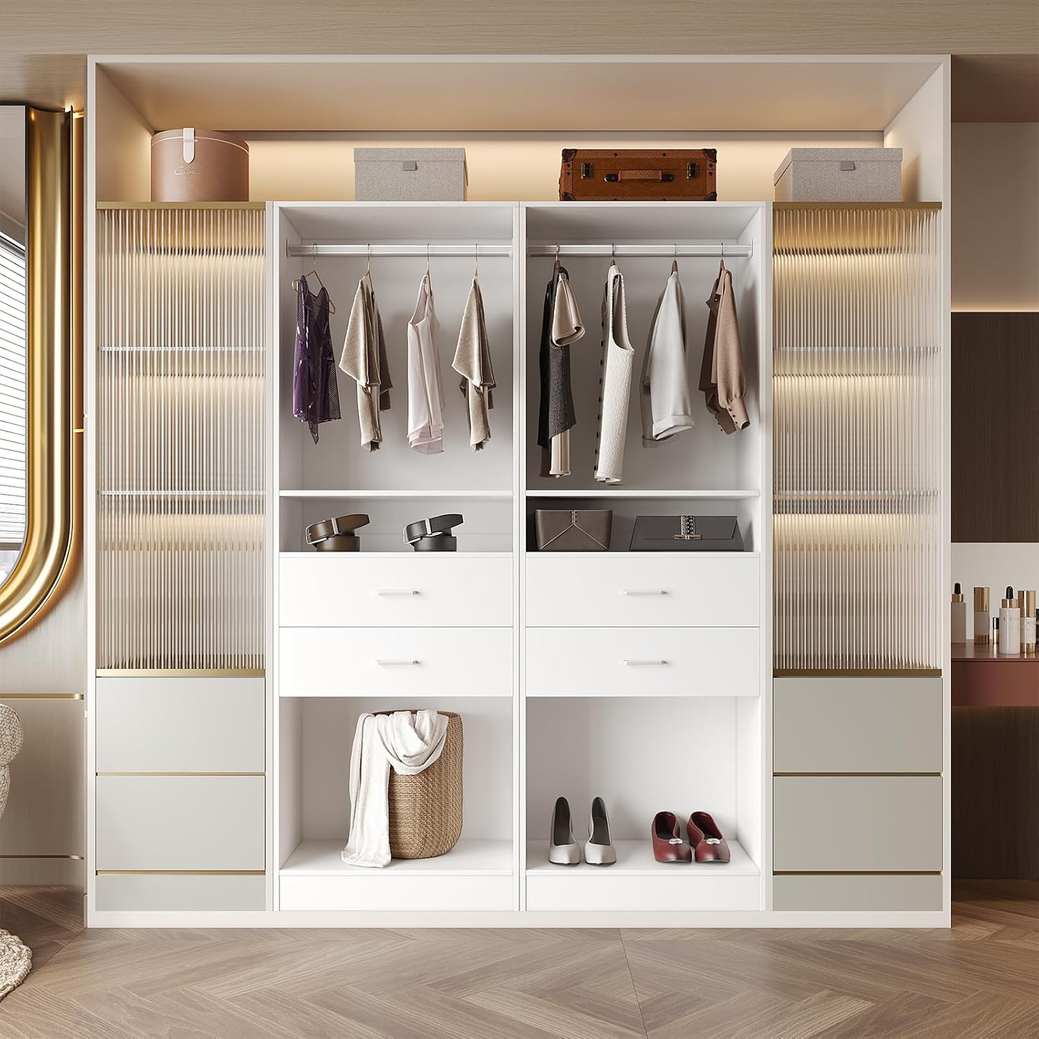 VOWNER 50'' Freestanding Closet System with Drawers & Hanging Rod, Wood Closet Organizer System, Walk-in Closet Shelving Unit, Clothes Garment Rack, Armoire Wardrobe Closet Bedroom Entryway