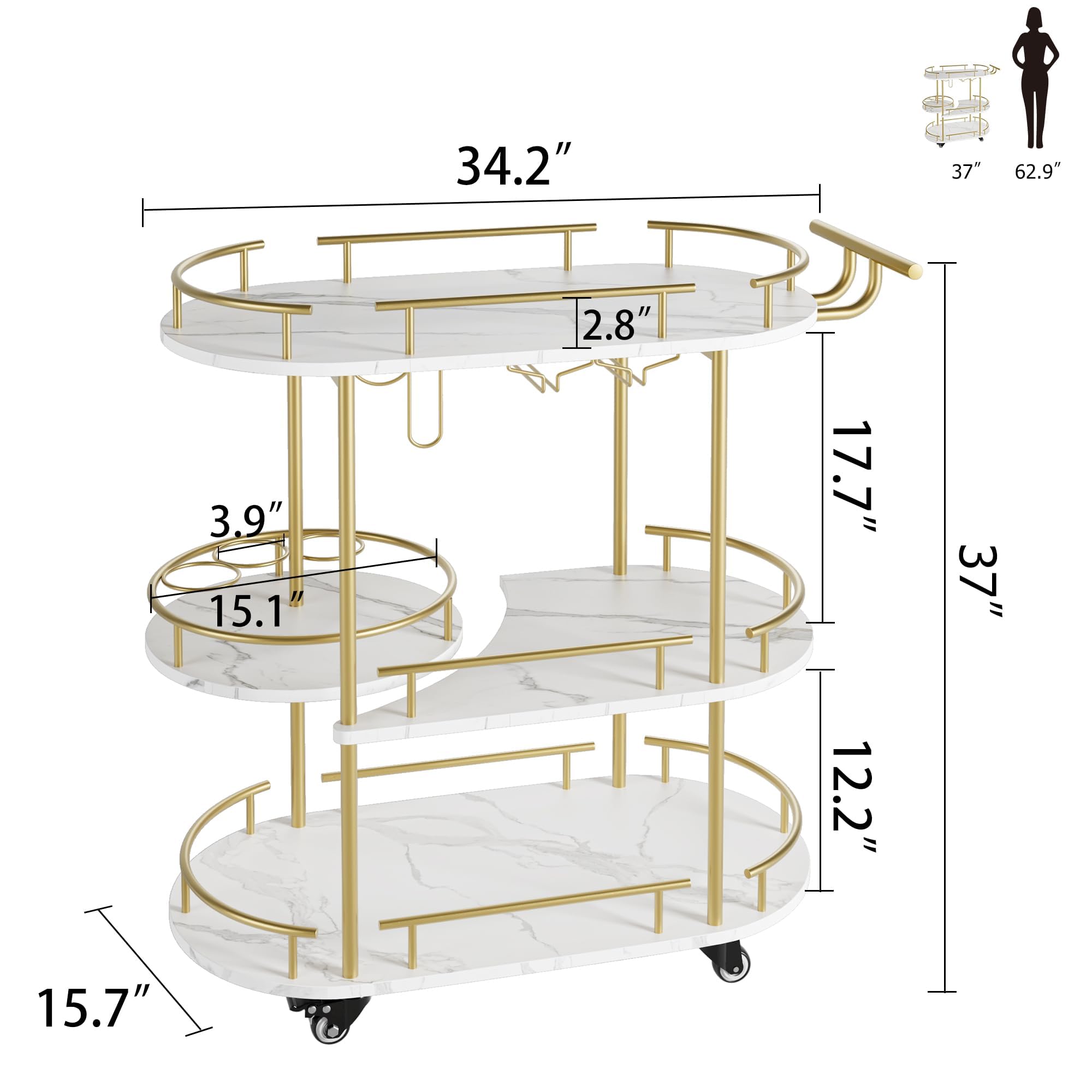 Chariot de Bar à roulettes,Chariot a Vin à 3 Niveaux avec 2 Porte-Verres et Porte-Vins,marbré Bois Étagère,Carde Metal,Chariot de Service Mobile Moderne pour Cuisine,Salle à Manger,Salon,Bar