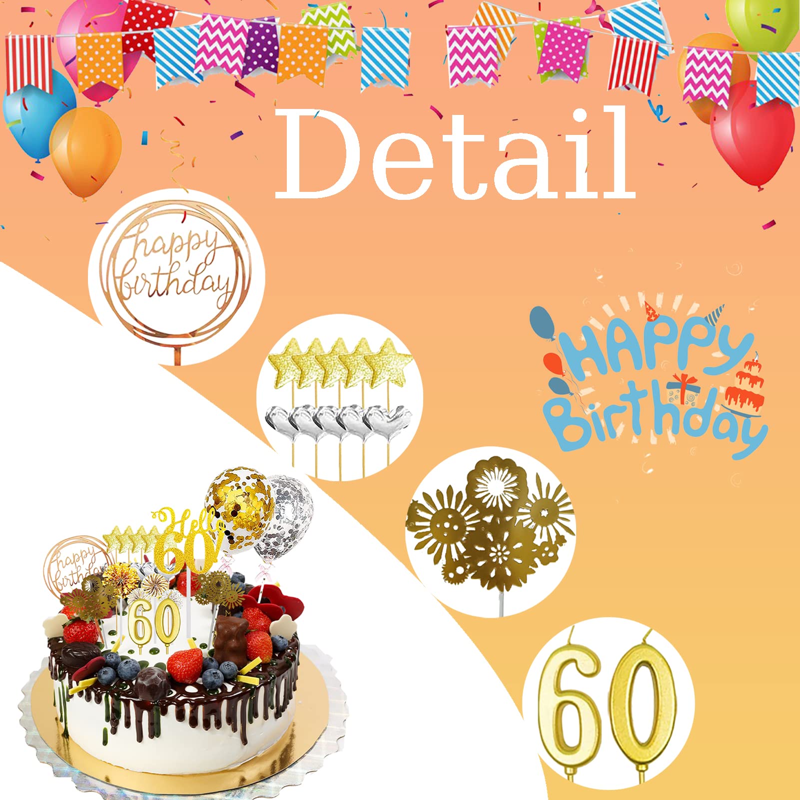 Topper Torta 60° Compleanno Con Glitter Oro - Decorazione Favoloso & 60 Per Feste - Foto 2