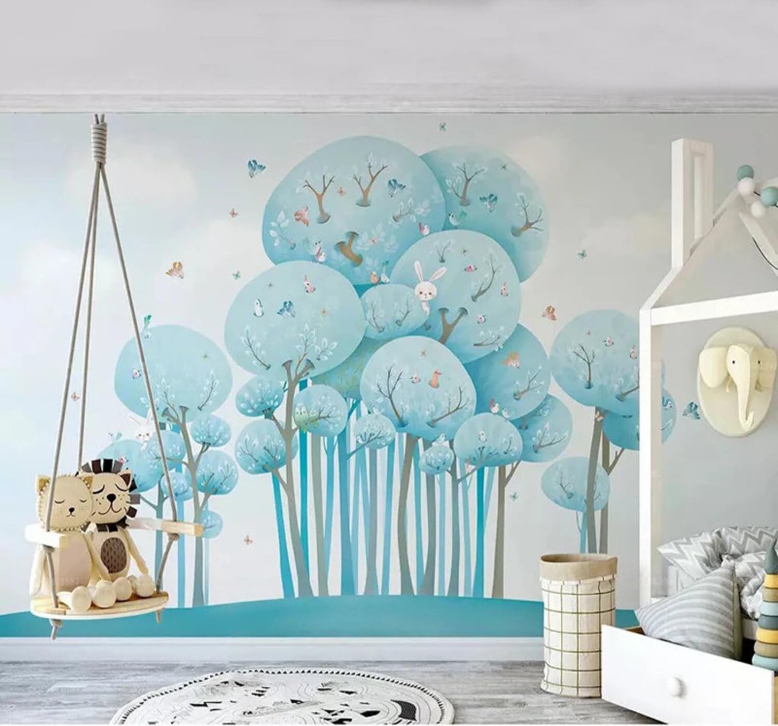 Blue Cute Cartoon Forest Rabbit Bird 3D Wallpaper Easy Install Feature Office Living Room Sofa Bedroom TV Background Wall Decoration-430cm×300cm
