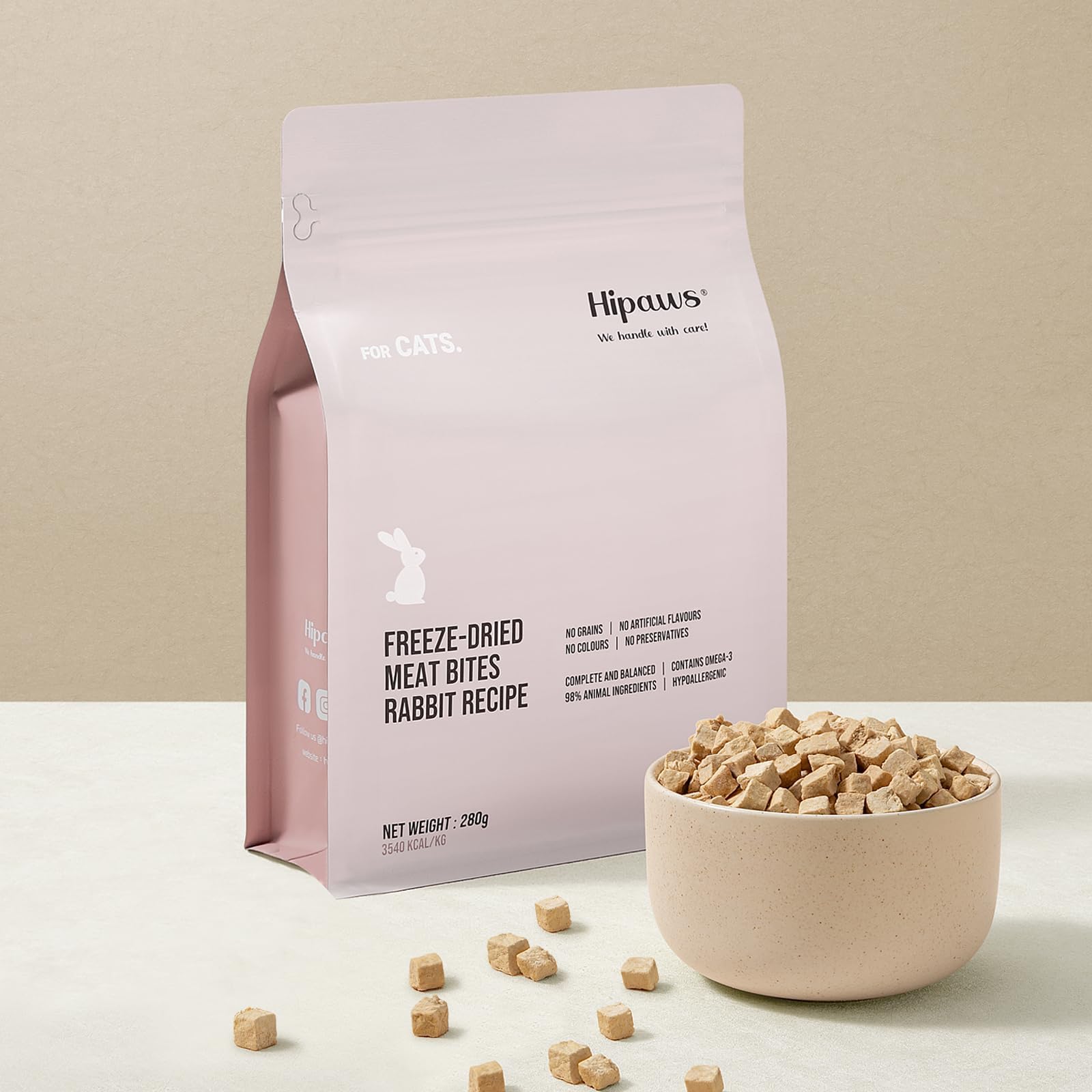 Hipaws Rabbit Recipe Freeze-Dried Complete Cat Food Treats Toppers 280g, Hypoallergenic No Grain; Freeze Dried to Protect Nutrition and Rich Protein, Easy Digestion for Cats