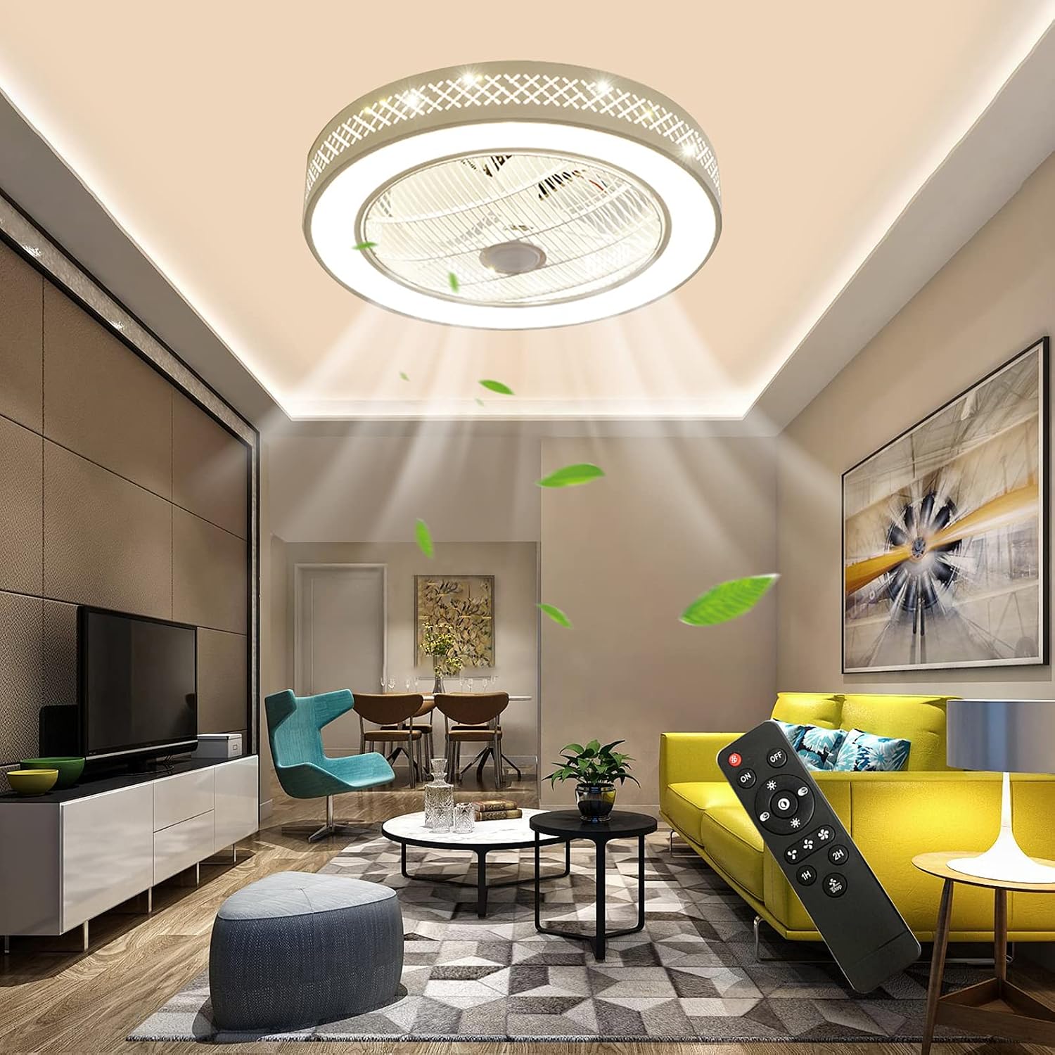 DNYSYSJ 22" Ceiling Fan with Light, Semi Flush Mount LED Lighting Fan with Remote Control Dimmable Lamp for Living Room Office 3 Speeds 3 Lighting Color 110V 5-16㎡ (Grid Fan Lamp)