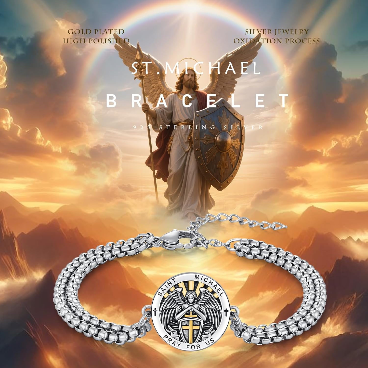 St. Michael Bracelet 925 Sterling Silver, Oxidized Gold Plated Religious Protection Jewelry, Archangel Catholic Christian Gift for Men & Women - Image 6