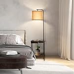 OUTON Floor Lamp with Table & Drawer, Type C Charging Port, AC Outlet, End Table with Lamp Attached for Bedroom Dimmable&4-Color Temperature, Modern Shelves Side Table for Living Room, Office,Grey