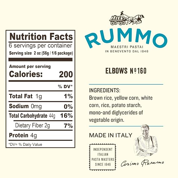 Rummo Gluten Free Elbows Pasta N.160 - Elbow Macaroni Noodles, Made with Brown Rice & Corn, Whole Wheat Pasta, GF Pasta Noodles- 12 Ounce (Pack of 4)